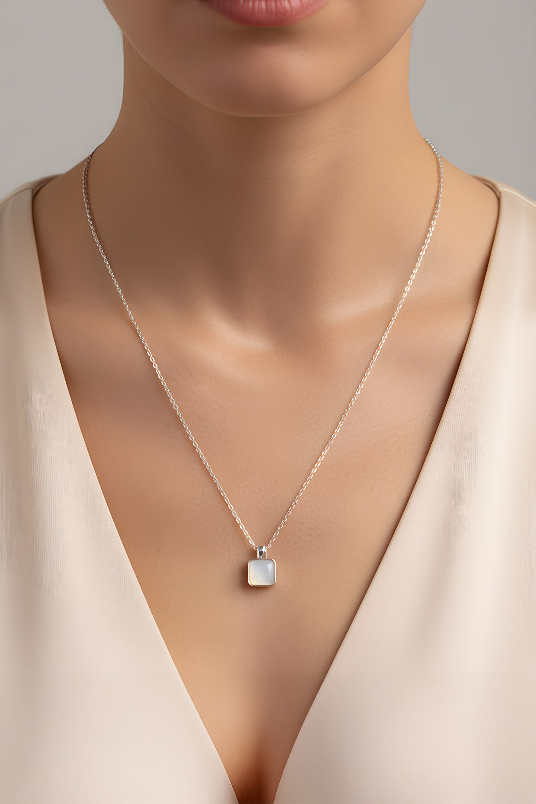 Parlak Sedef 18 Ayar Beyaz Altın Kaplama 43 Cm Gümüş Minimal Kolye - 2