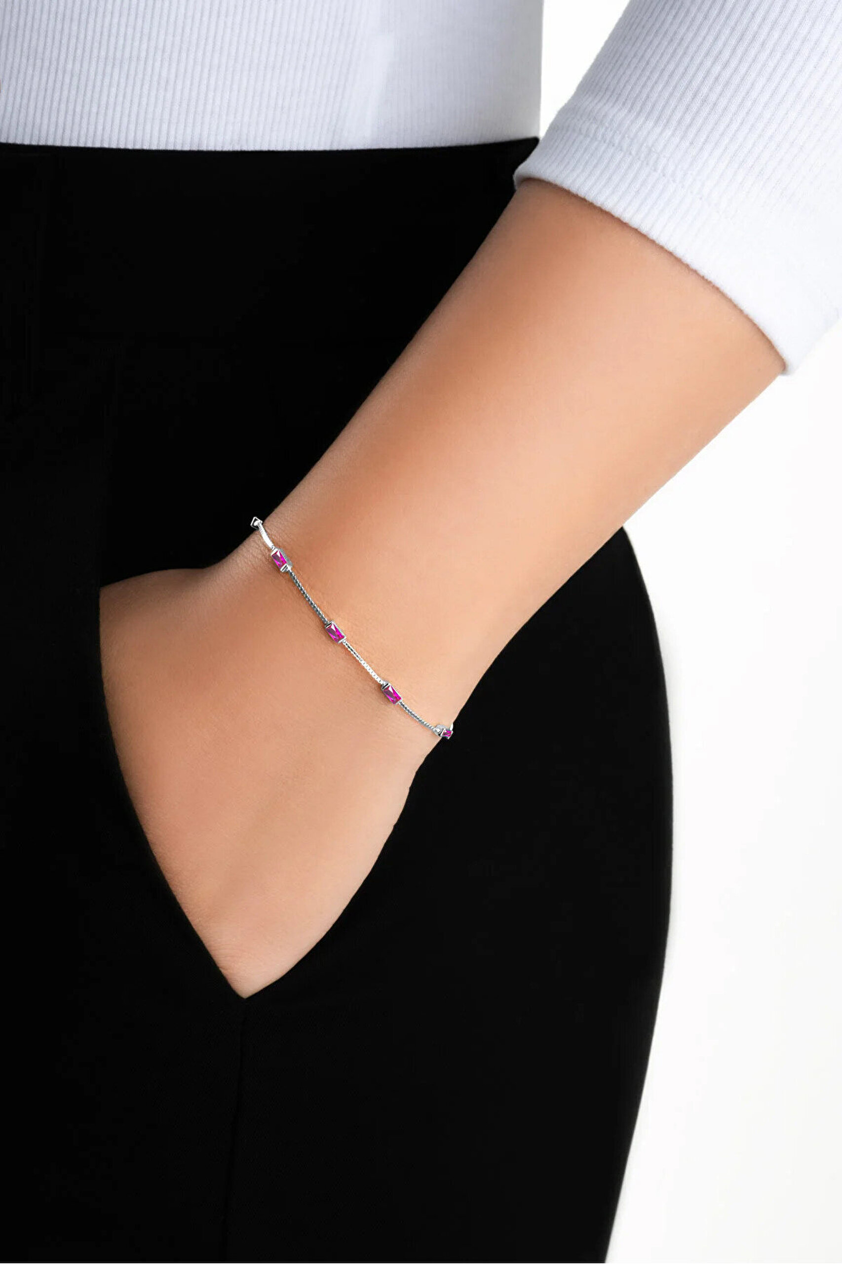 Renkli Taşlı 18 Ayar Beyaz Altın Kaplama 19 Cm Gümüş Baget Bileklik - 3