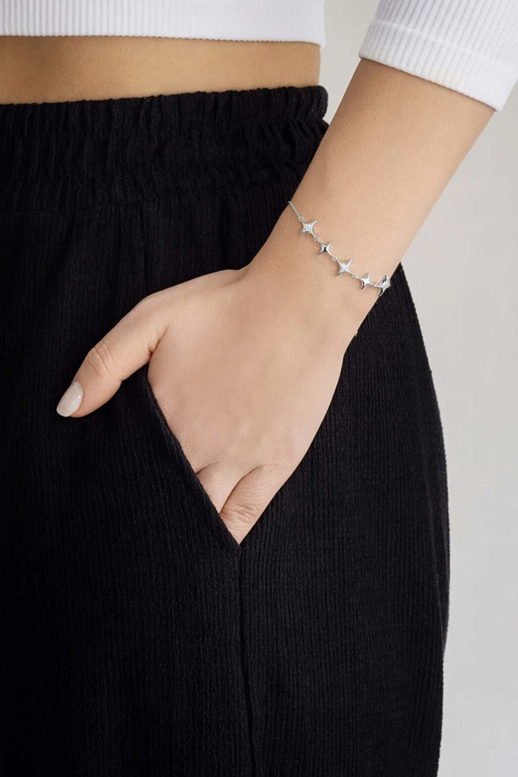 Kuzey Yıldızı 18 Ayar Beyaz Altın Kaplama 20 Cm Gümüş Minimal Bileklik - 3