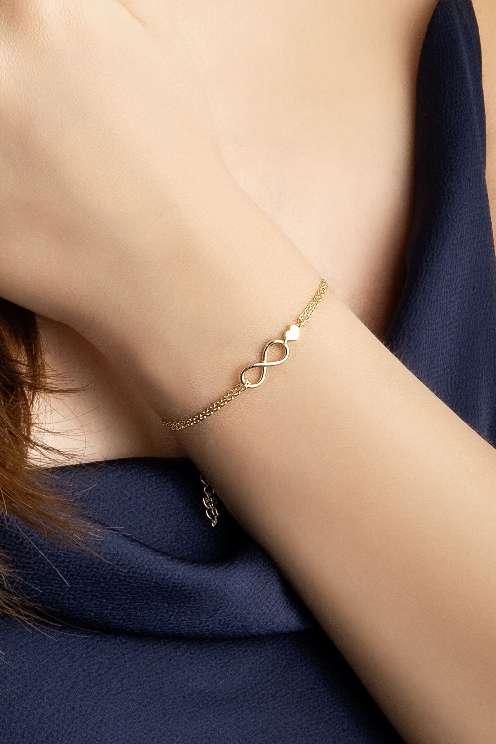 Sonsuz Aşk 18 Ayar Sarı Altın Kaplama 20 Cm Gümüş Minimal Bileklik - 3