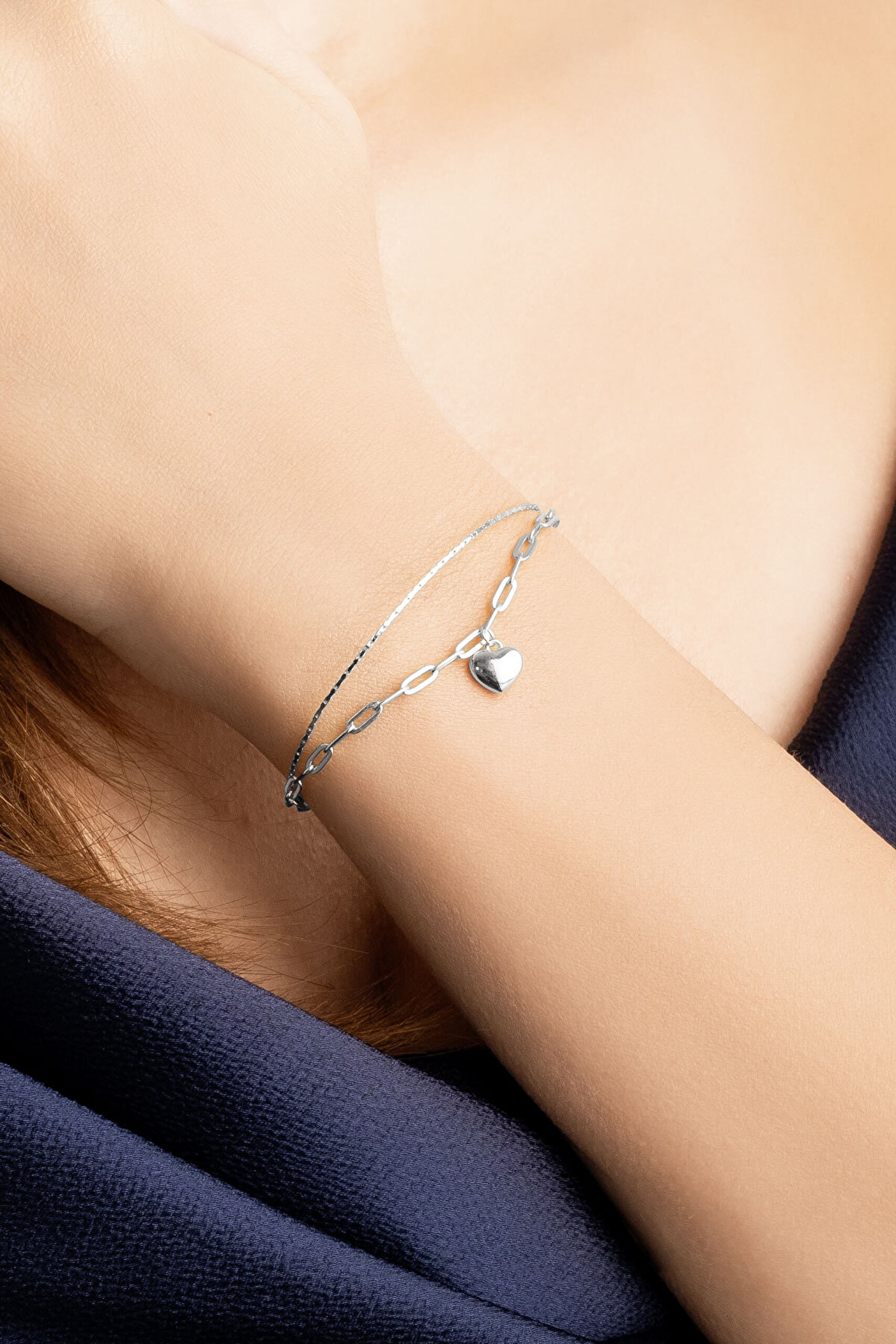 Saklı Kalp 18 Ayar Beyaz Altın Kaplama 20 Cm Gümüş Minimal Bileklik - 3