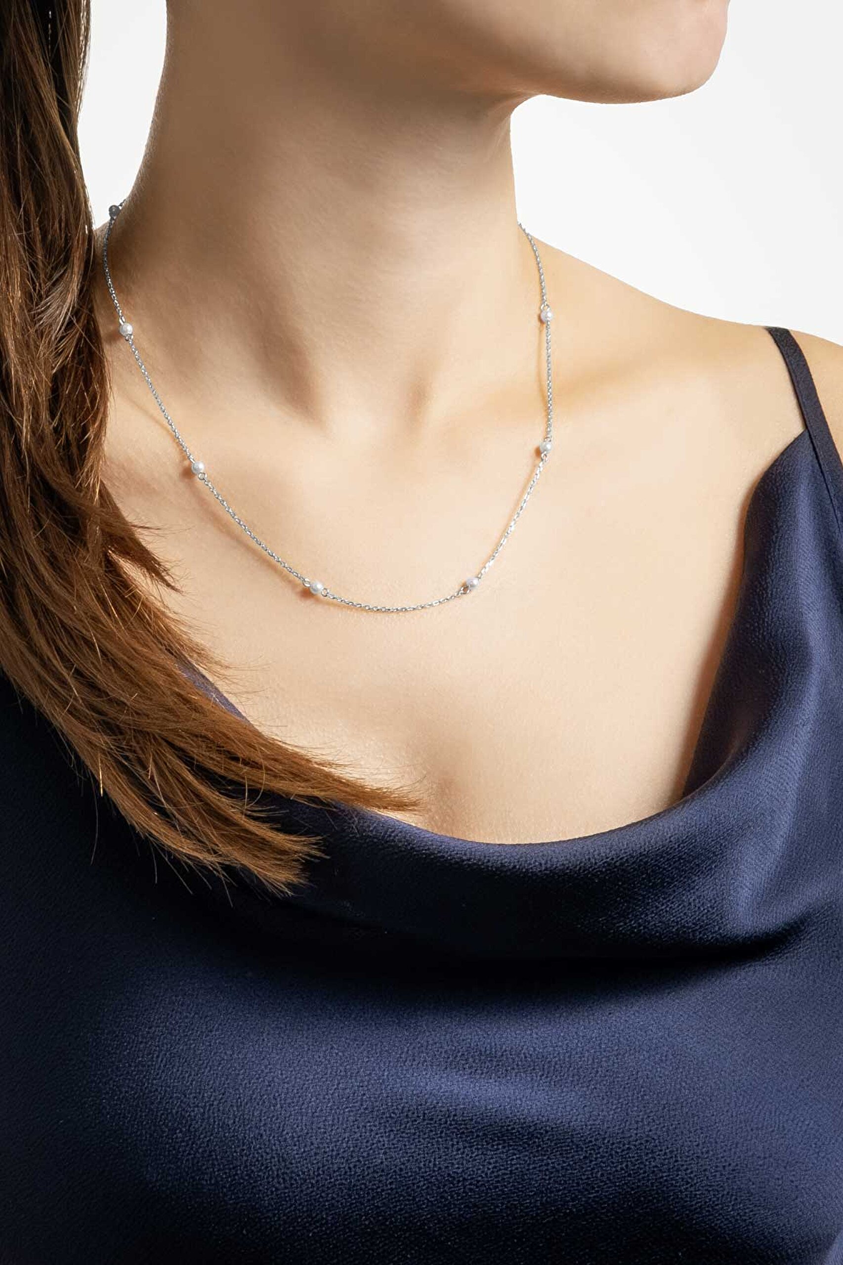 ⁠ İnci Taşlı 18 Ayar Beyaz Altın Kaplama 45 Cm Gümüş Zincir Kolye_1}