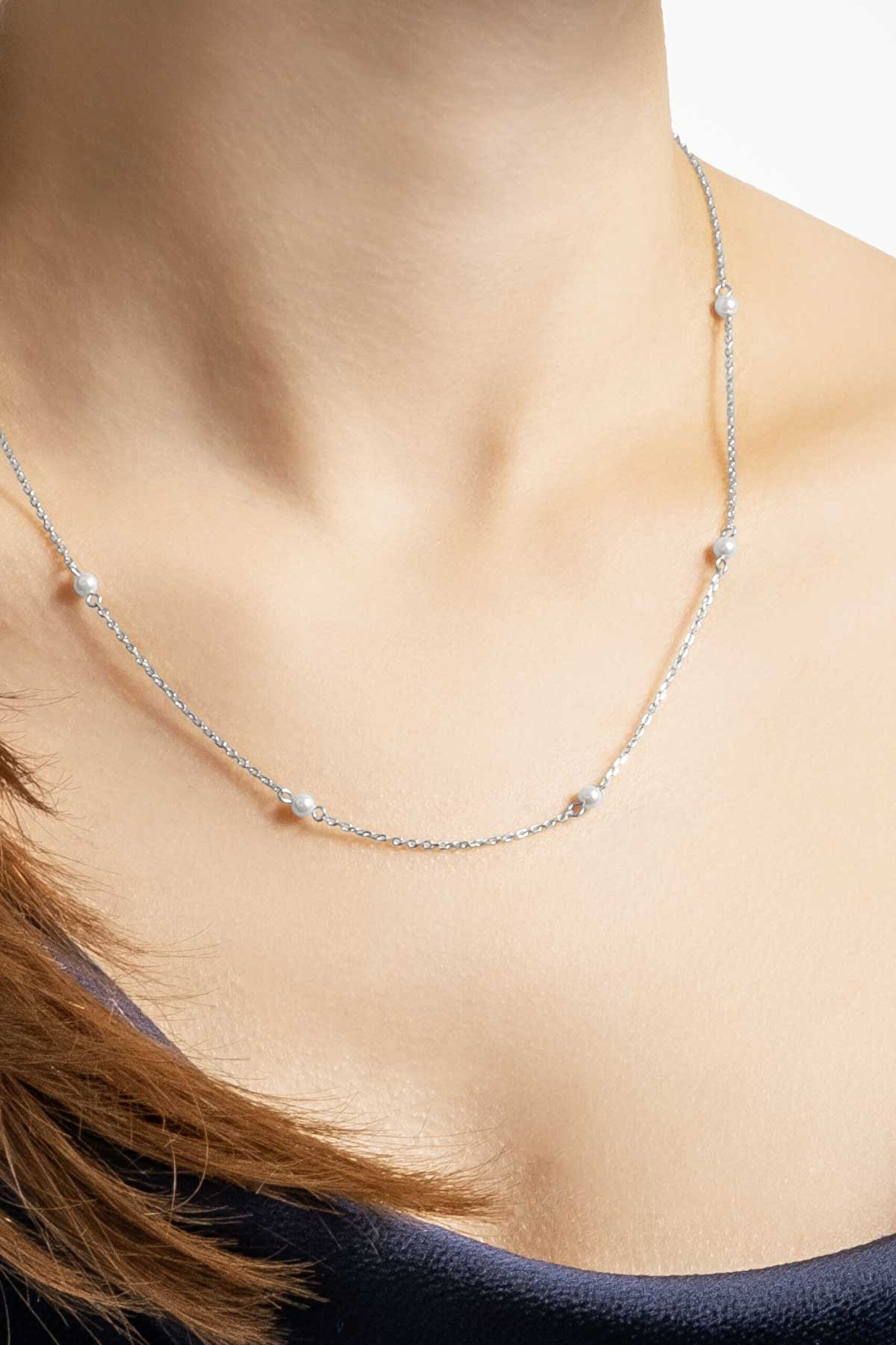 ⁠ İnci Taşlı 18 Ayar Beyaz Altın Kaplama 45 Cm Gümüş Zincir Kolye_2}