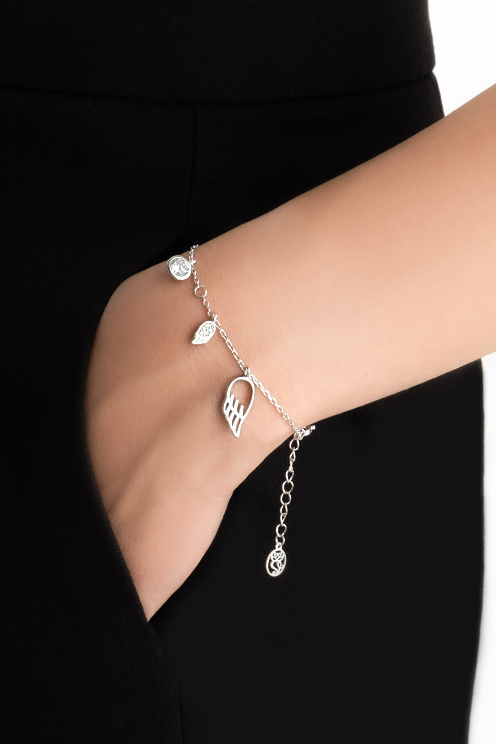 ⁠ Melek Kanadı 18 Ayar Beyaz Altın Kaplama 20 Cm Gümüş Minimal Bileklik_1}