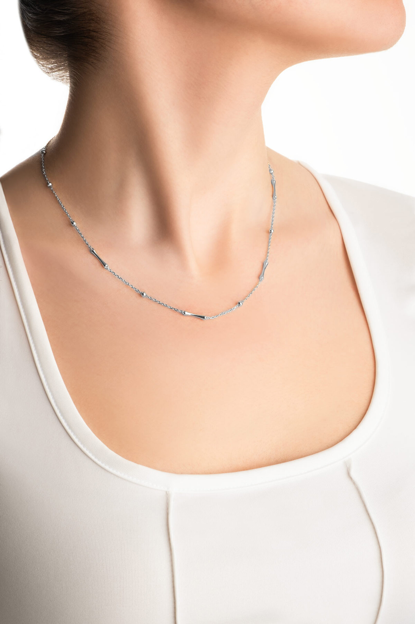 ⁠ Minimal Dizayn 18 Ayar Beyaz Altın Kaplama 45 Cm Gümüş Zincir Kolye_3}