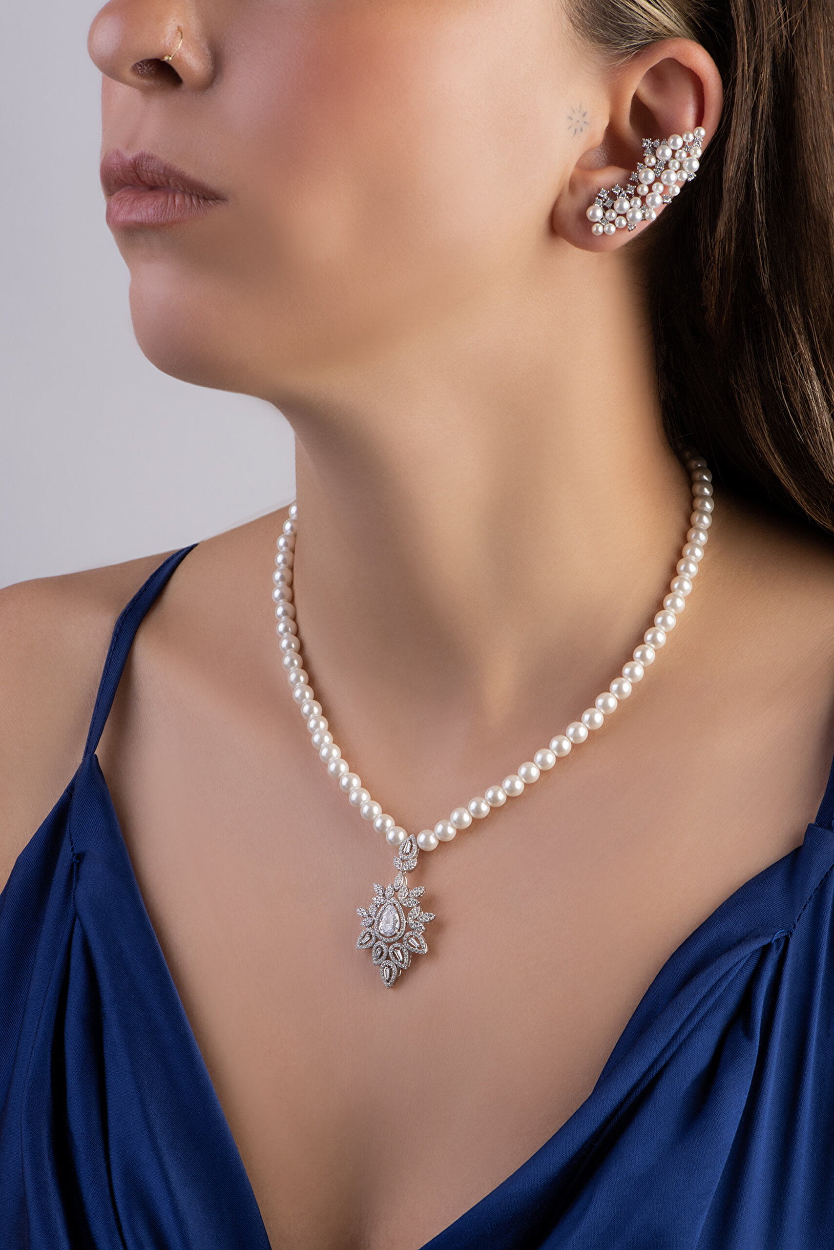 ⁠ Kraliyet İncisi 18 Ayar Beyaz Altın Kaplama 45 Cm Gümüş Tasarım Gerdanlık_1}