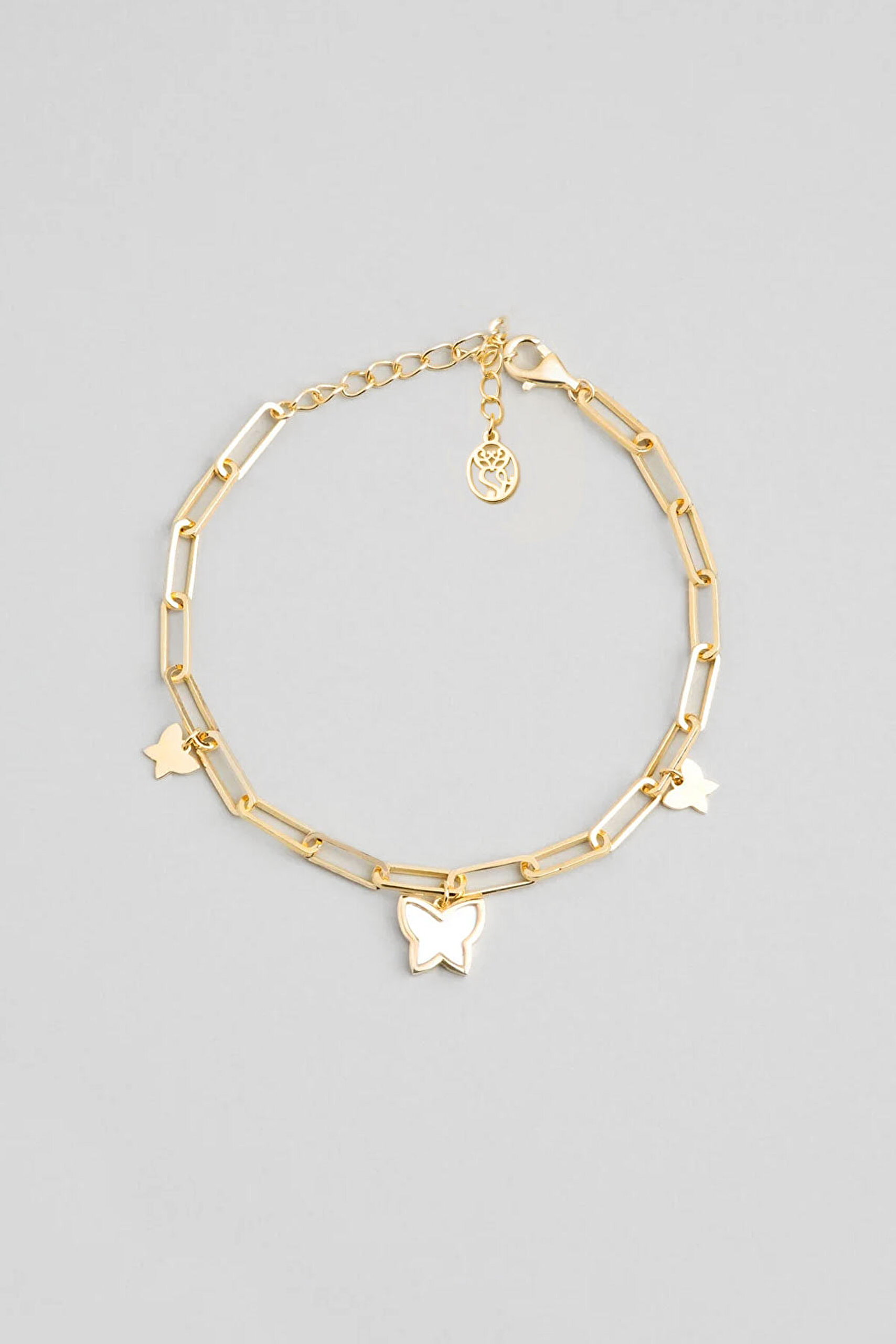 ⁠ Beyaz Kelebek 18 Ayar Sarı Altın Kaplama 20 Cm Gümüş Zincir Bileklik_0}