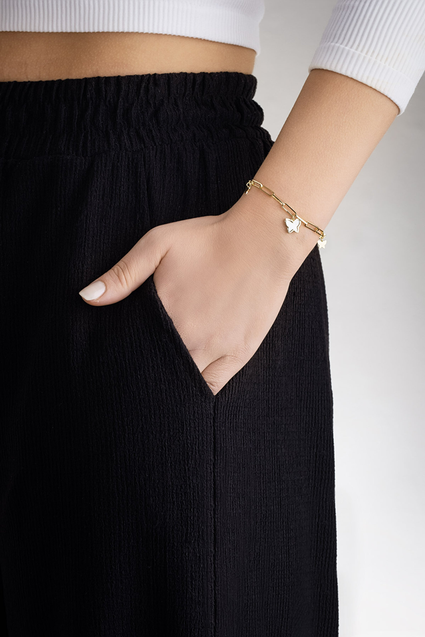 ⁠ Beyaz Kelebek 18 Ayar Sarı Altın Kaplama 20 Cm Gümüş Zincir Bileklik_3}