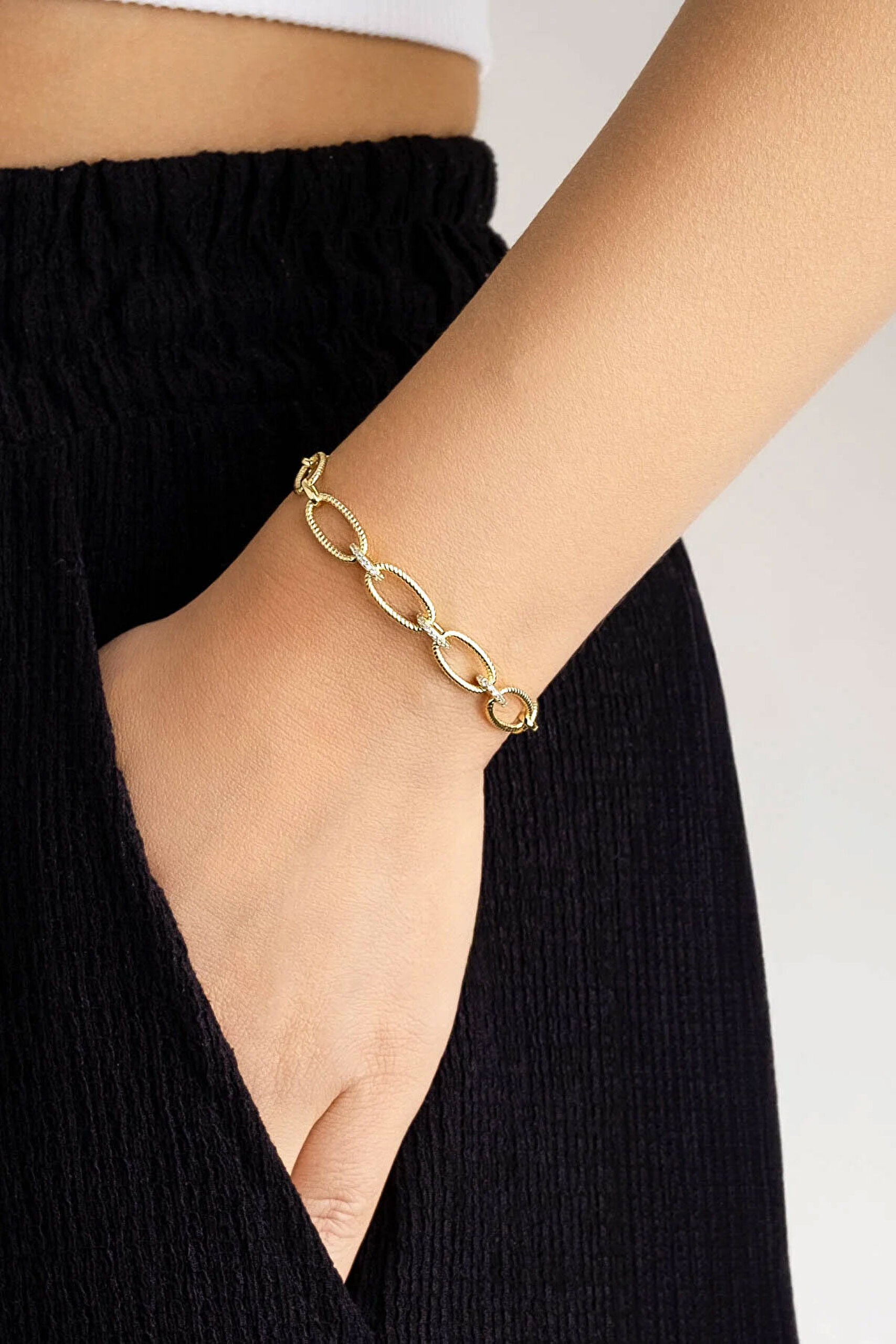 Beyaz Taşlı 18 Ayar Sarı Altın Kaplama 20 Cm Gümüş Zincir Bileklik - 2