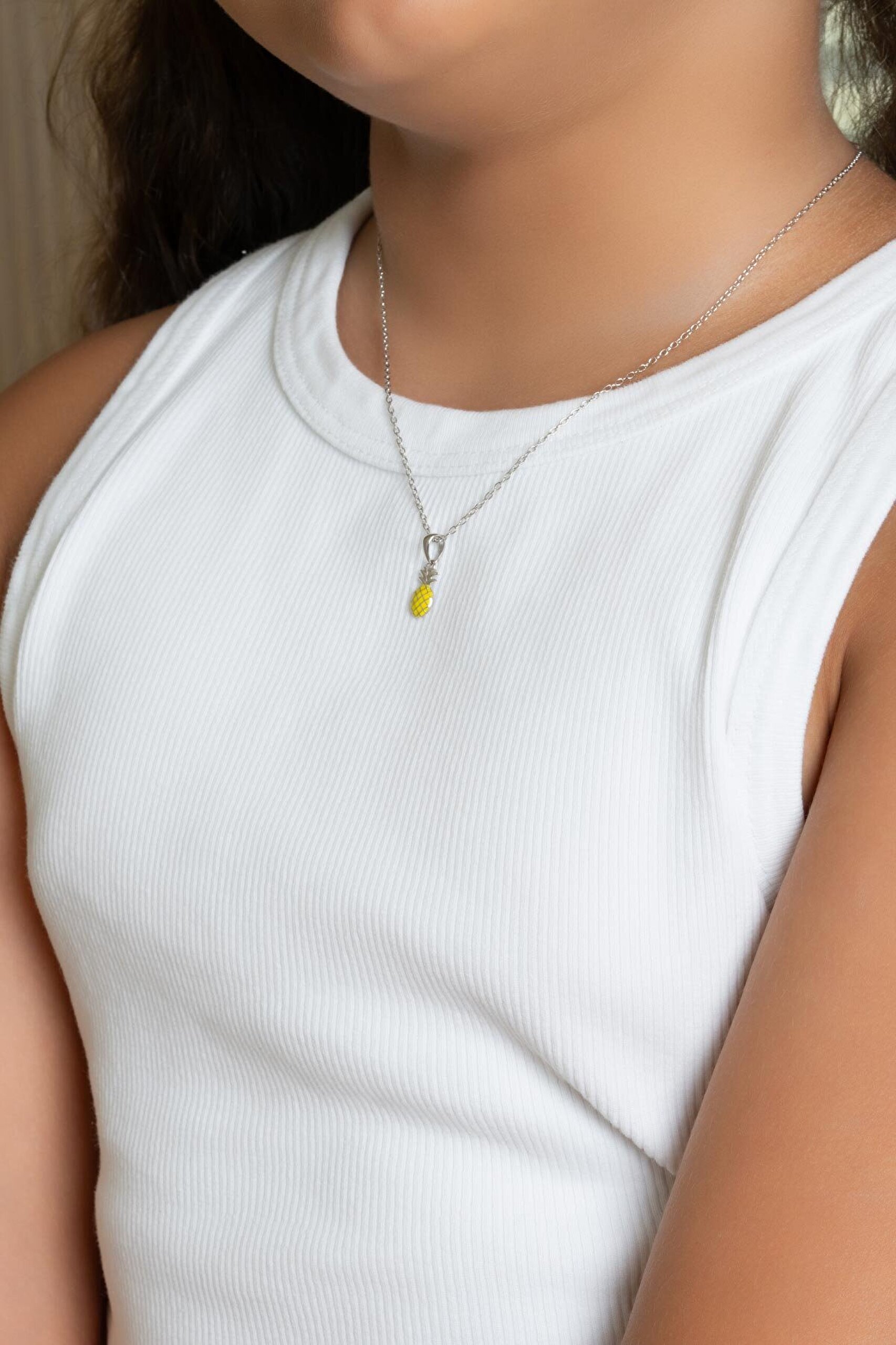 Sevimli Ananas 18 Ayar Beyaz Altın Kaplama 38  Cm Gümüş Çocuk Kolye - 3