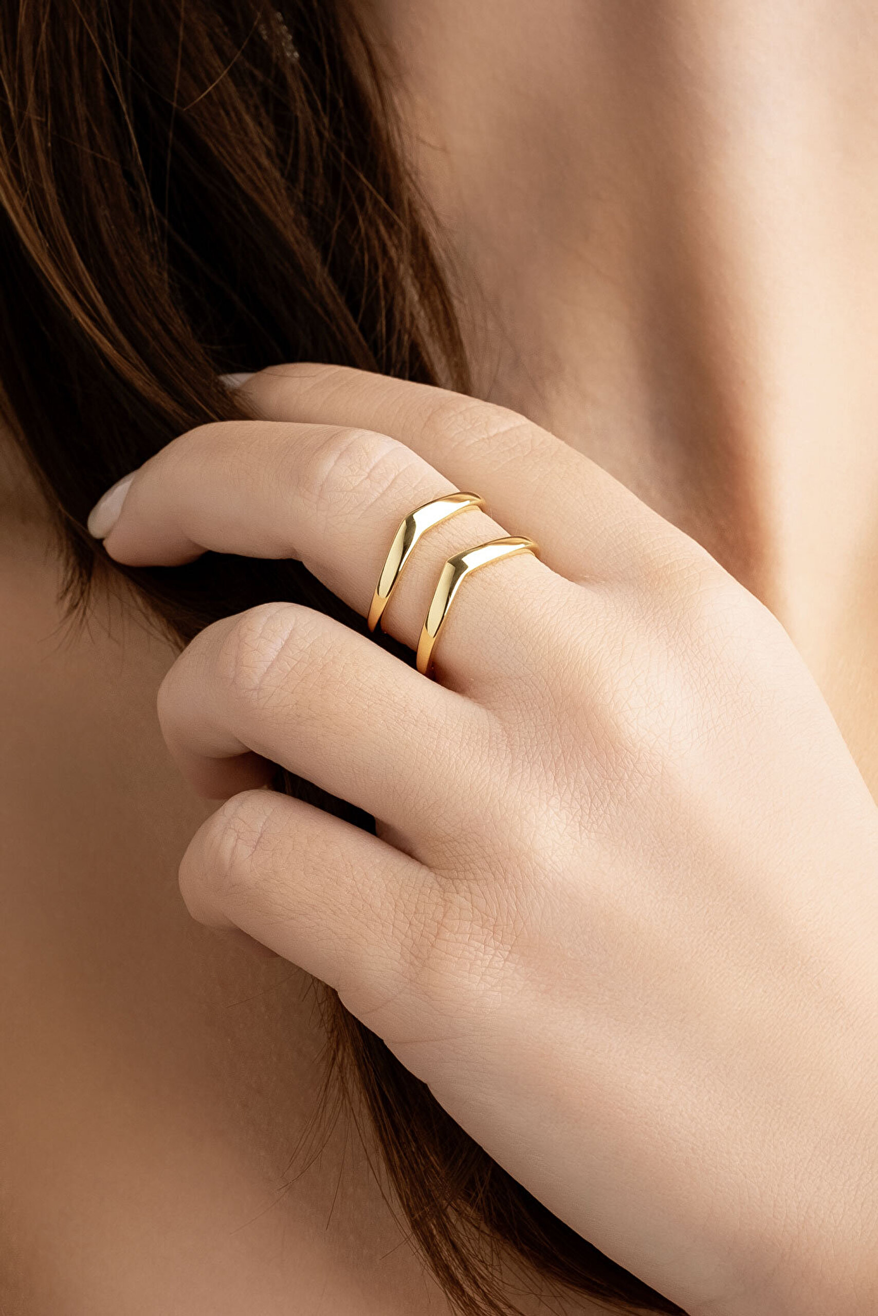 Modern Zaman 18 Ayar Sarı Altın Kaplama Ayarlanabilir Gümüş Minimal Yüzük - 3