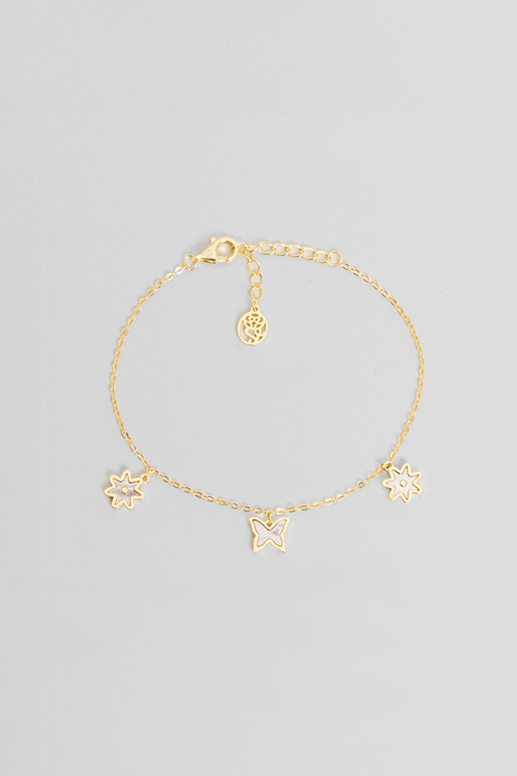 ⁠ Sedef Çiçeği 18 Ayar Sarı Altın Kaplama 20 Cm Gümüş Minimal Bileklik_0}