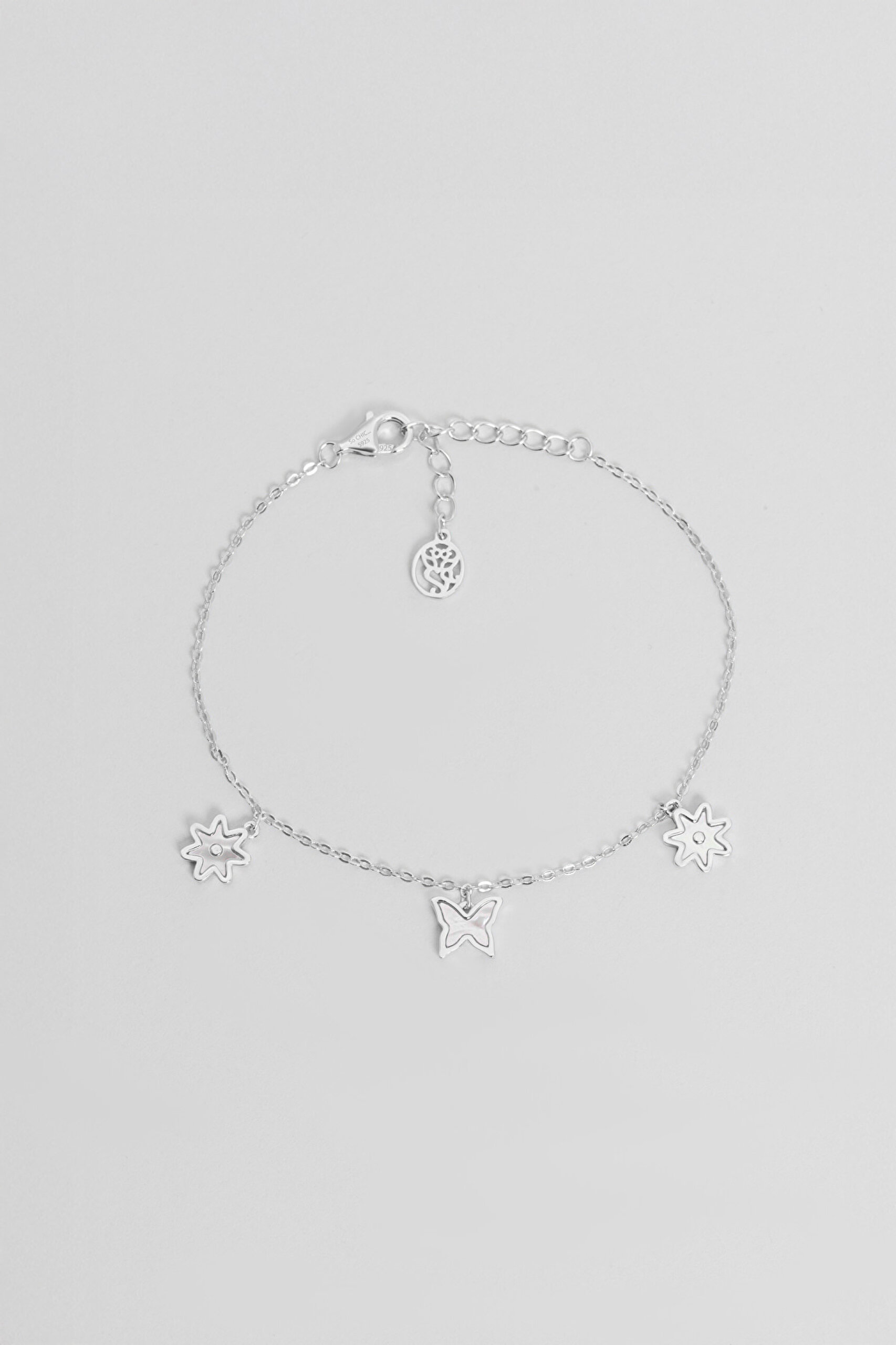 ⁠ Sedef Çiçeği 18 Ayar Beyaz Altın Kaplama 20 Cm Gümüş Minimal Bileklik_0}