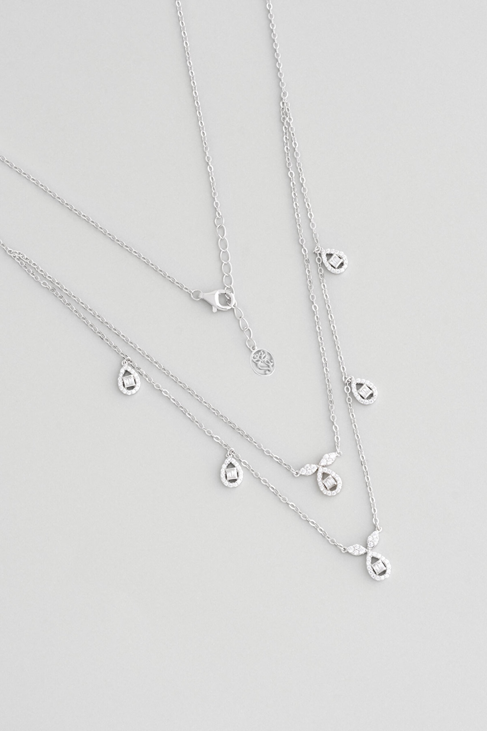 ⁠ Klasik 18 Ayar Beyaz Altın Kaplama 47 Cm Gümüş İkili Kolye_0}