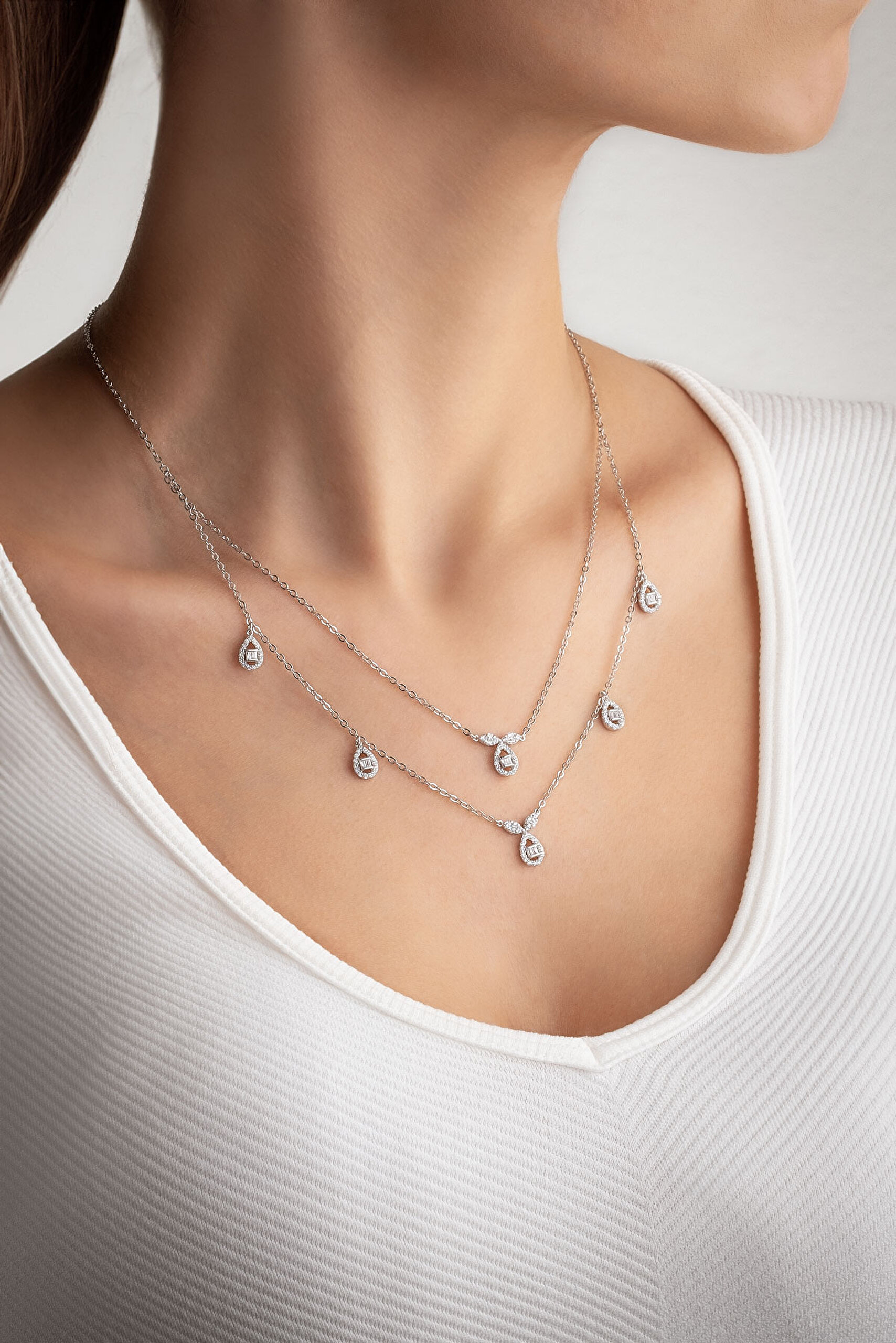 ⁠ Klasik 18 Ayar Beyaz Altın Kaplama 47 Cm Gümüş İkili Kolye_1}