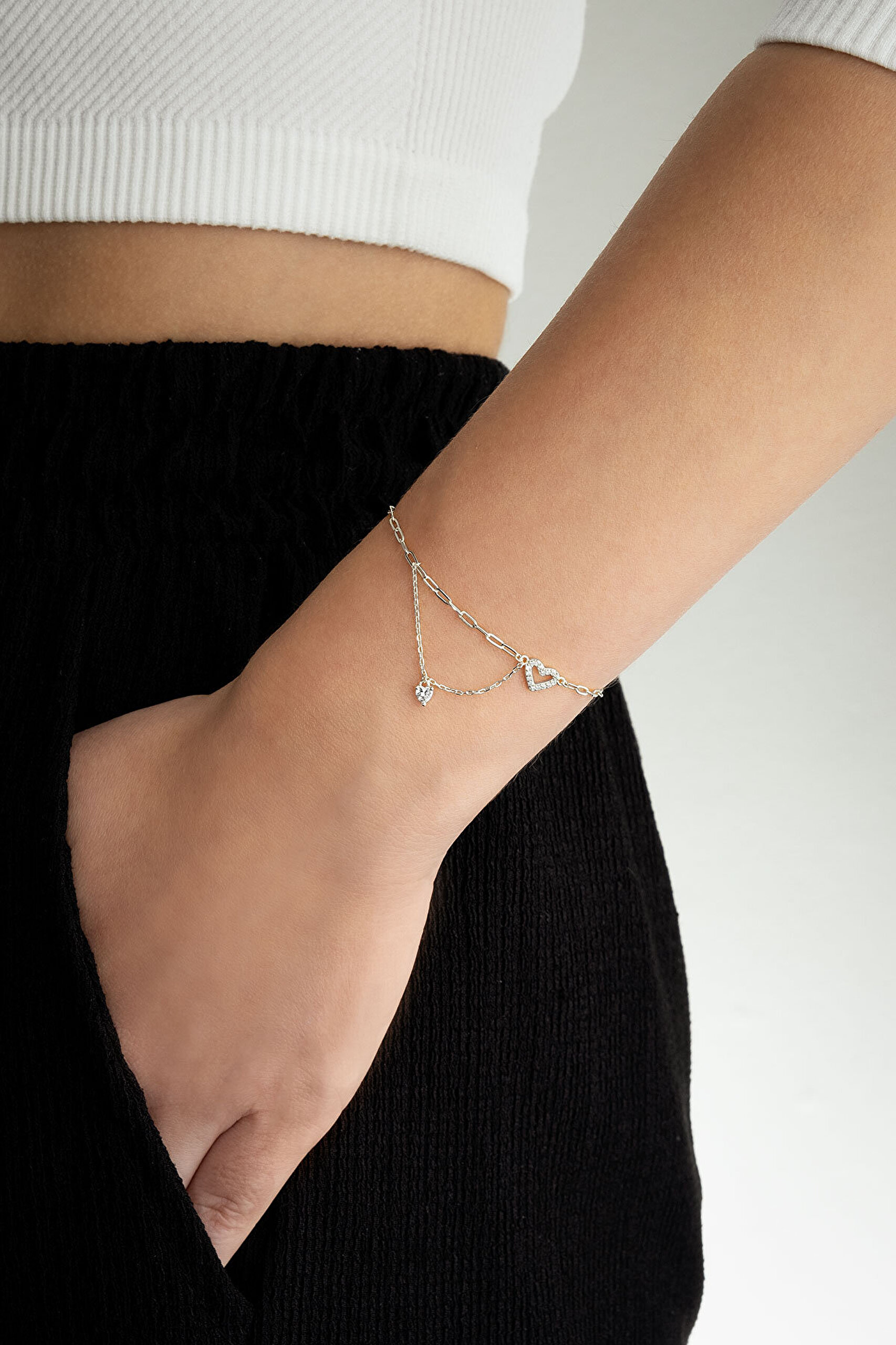 Minimal Kalp 18 Ayar Beyaz Altın Kaplama 19 Cm Gümüş Bileklik - 3