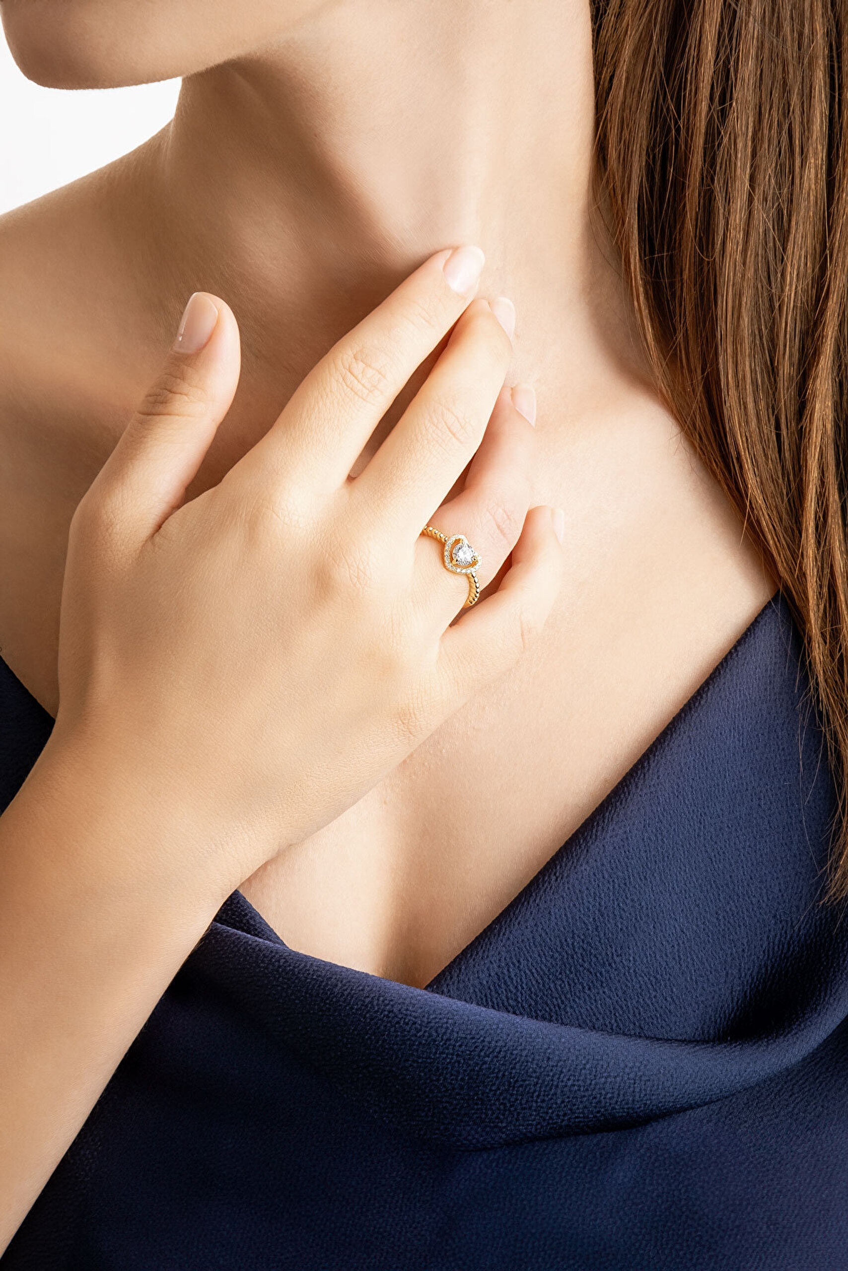 Kalp Işıltısı 18 Ayar Sarı Altın Kaplama Gümüş Yüzük - 1