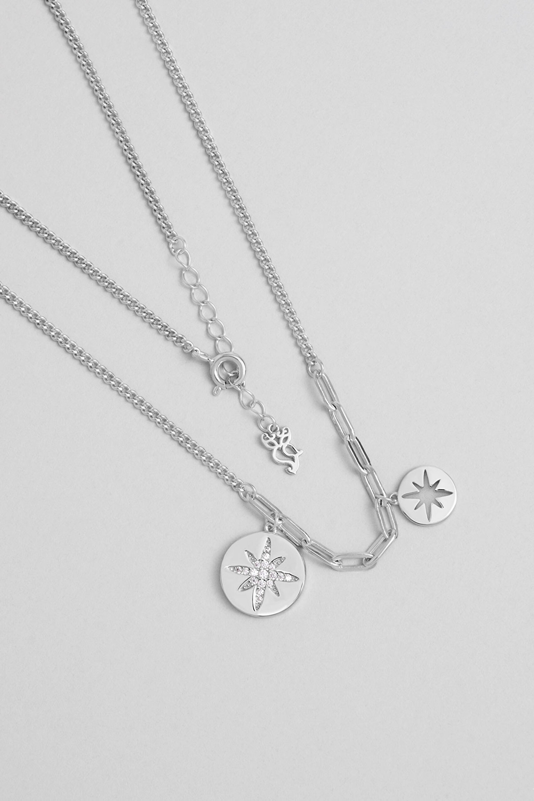 ⁠ Kuzey Yıldızı 18 Ayar Beyaz Altın Kaplama 42 Cm Gümüş Kolye_0}