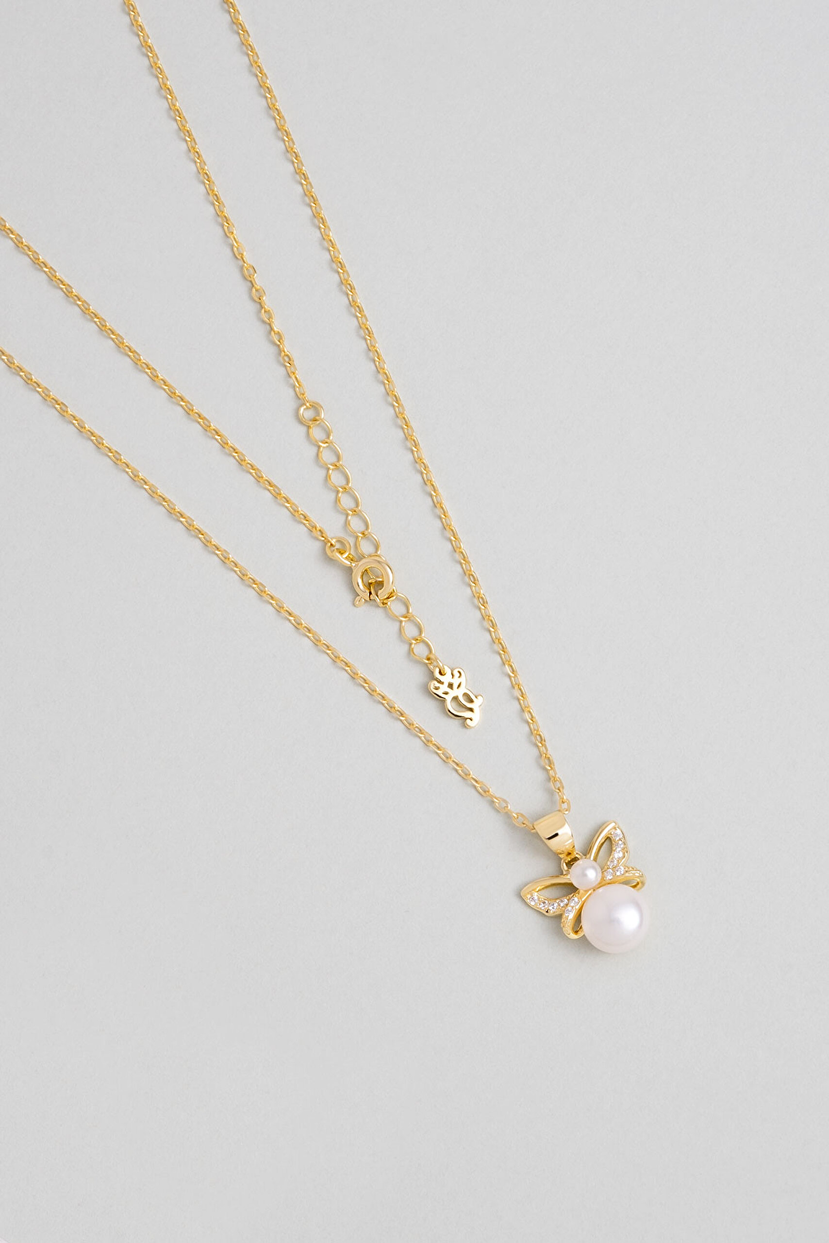 İnci Kelebeği 18 Ayar Sarı Altın Kaplama 43 Cm Gümüş Kolye - 0