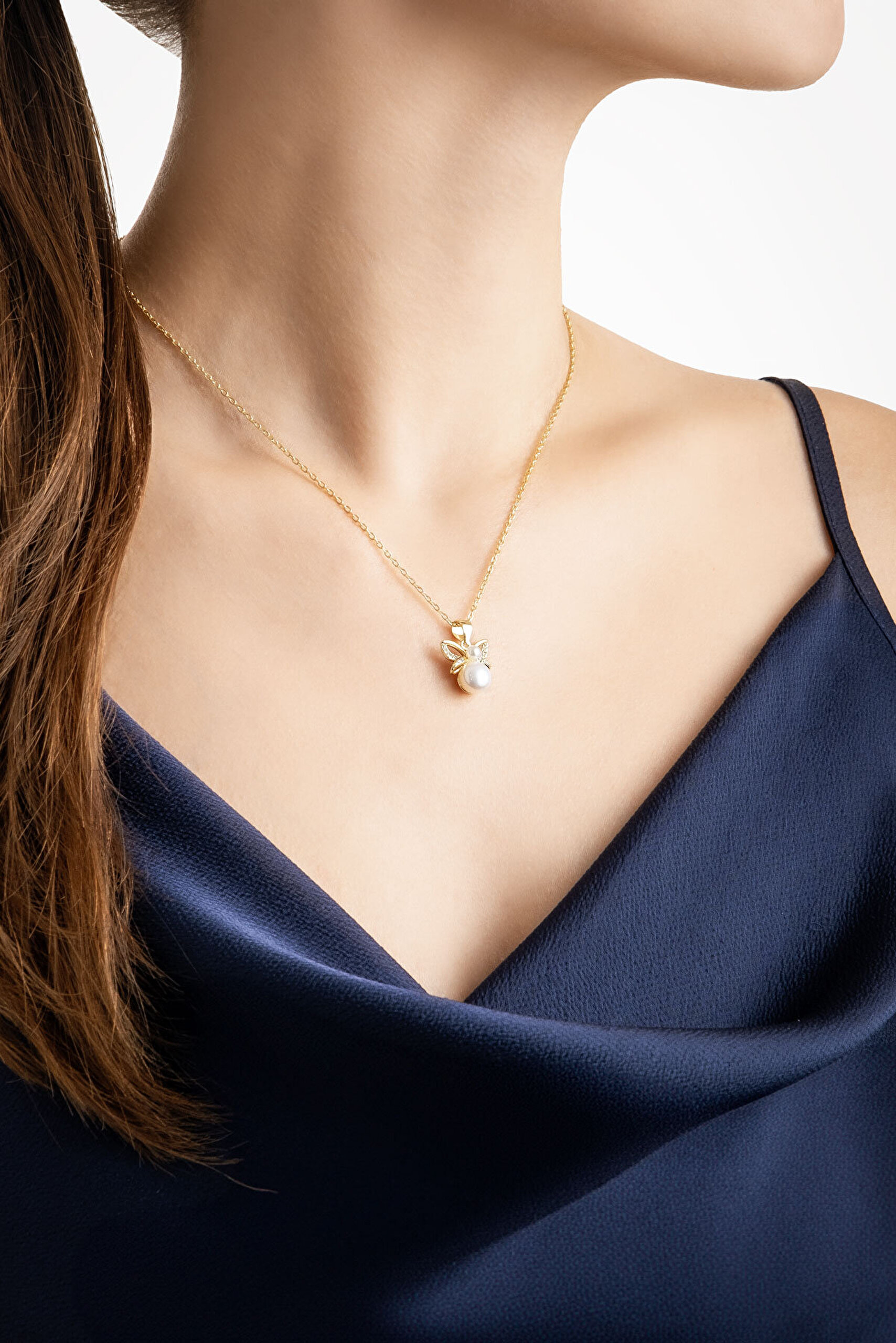 İnci Kelebeği 18 Ayar Sarı Altın Kaplama 43 Cm Gümüş Kolye - 2