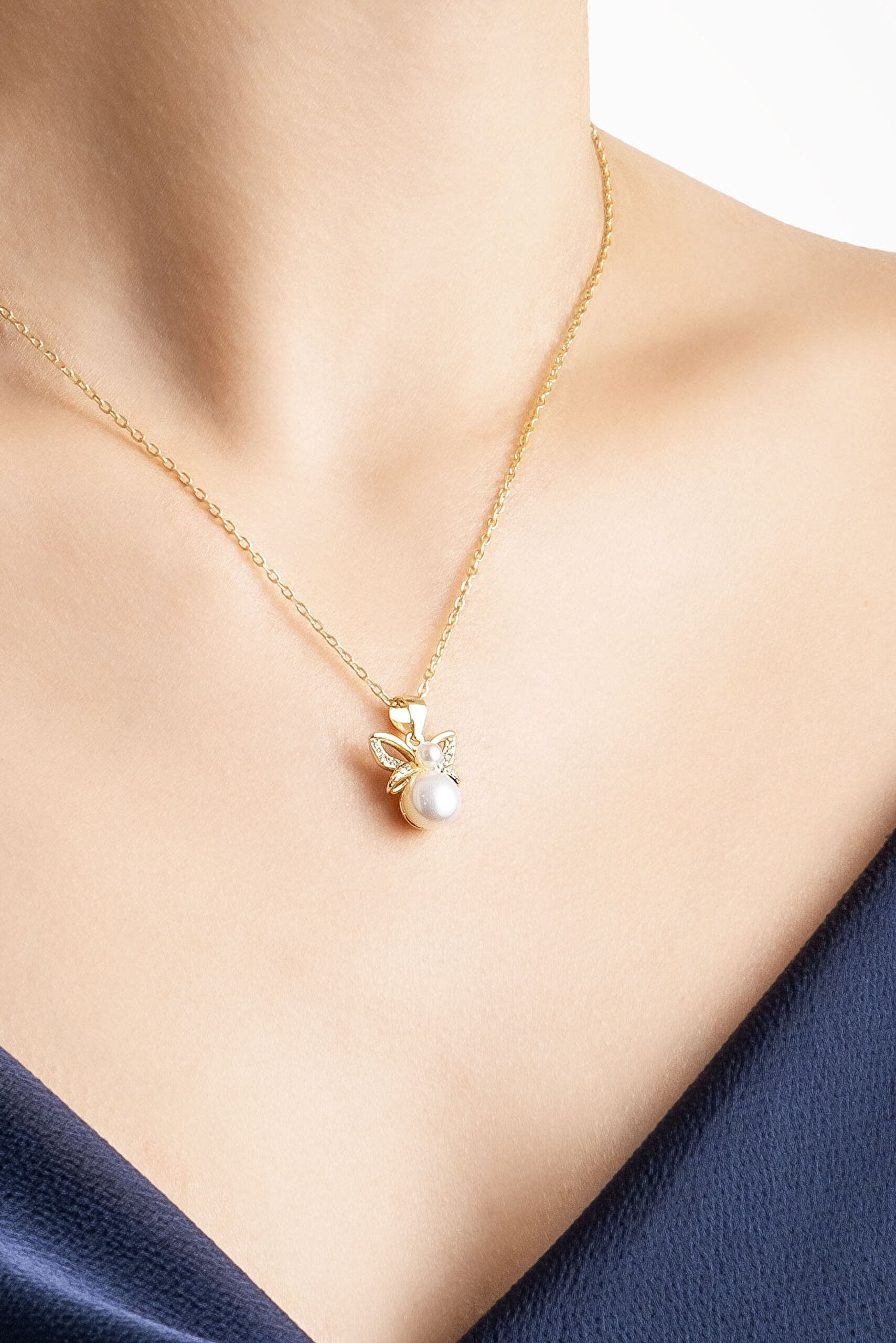 İnci Kelebeği 18 Ayar Sarı Altın Kaplama 43 Cm Gümüş Kolye - 3