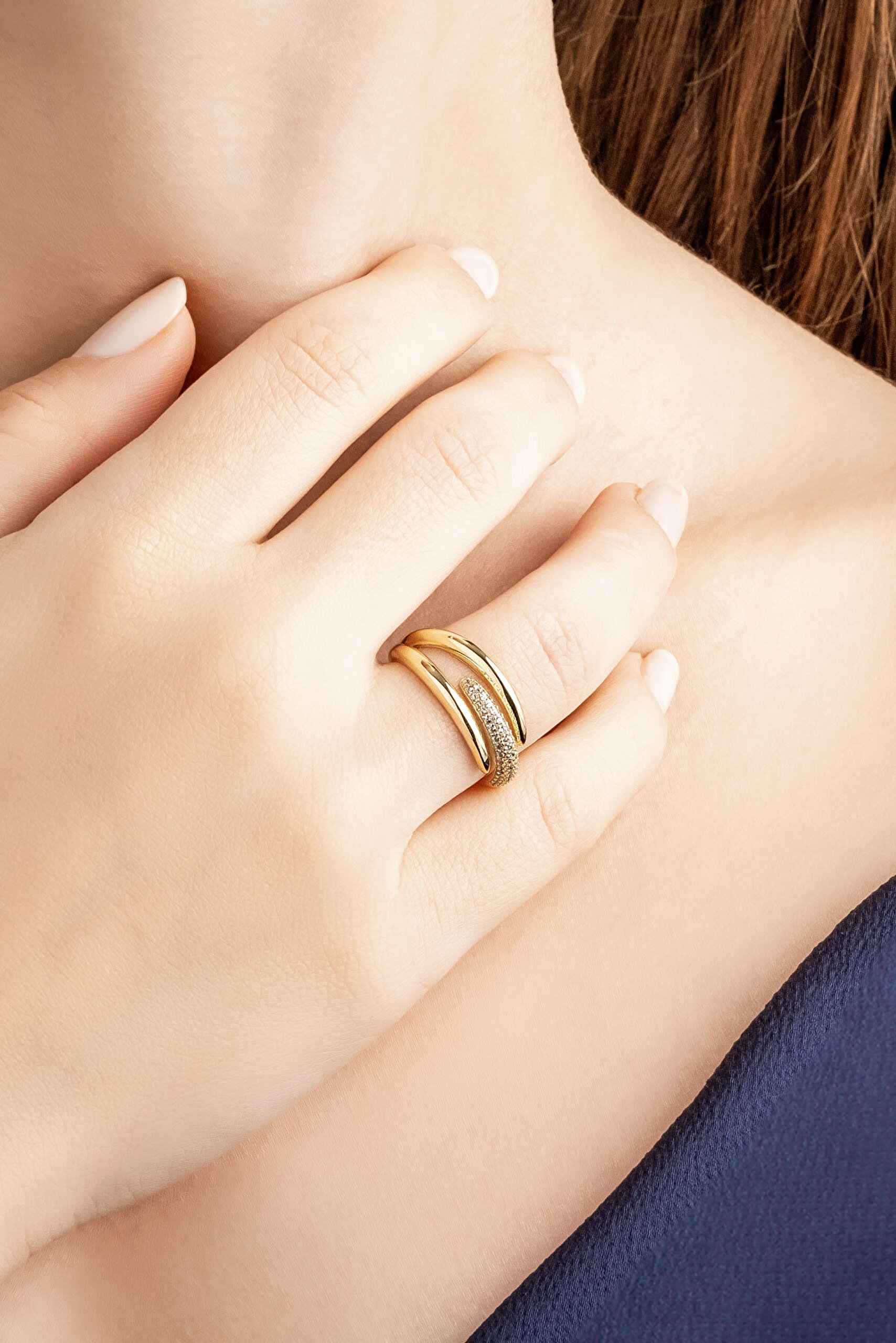 Modern Çizgi 18 Ayar Sarı Altın Kaplama Gümüş Minimal Yüzük - 1