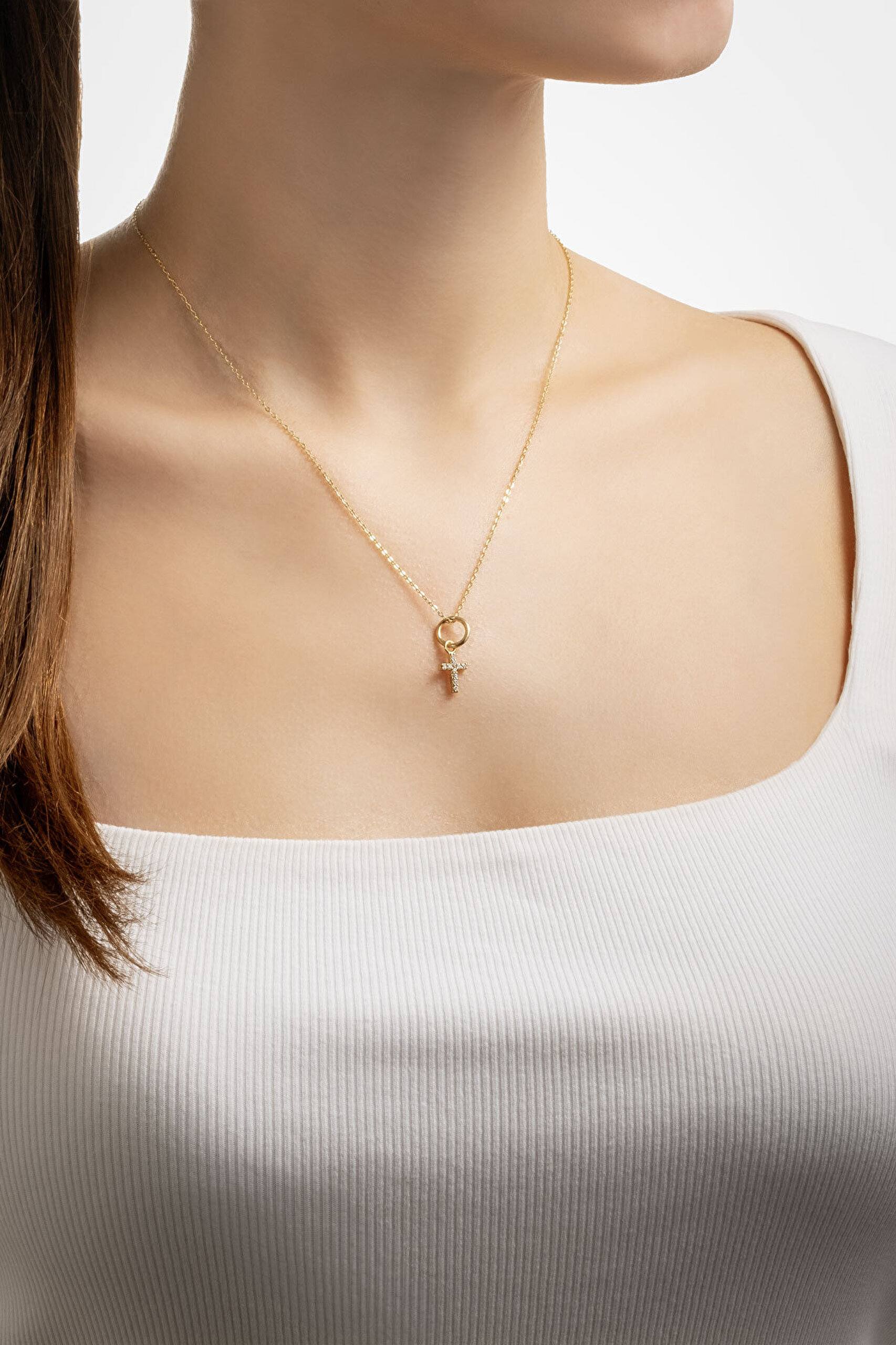 Minimal 18 Ayar Sarı Altın Kaplama 43 Cm Gümüş Cross Kolye - 2