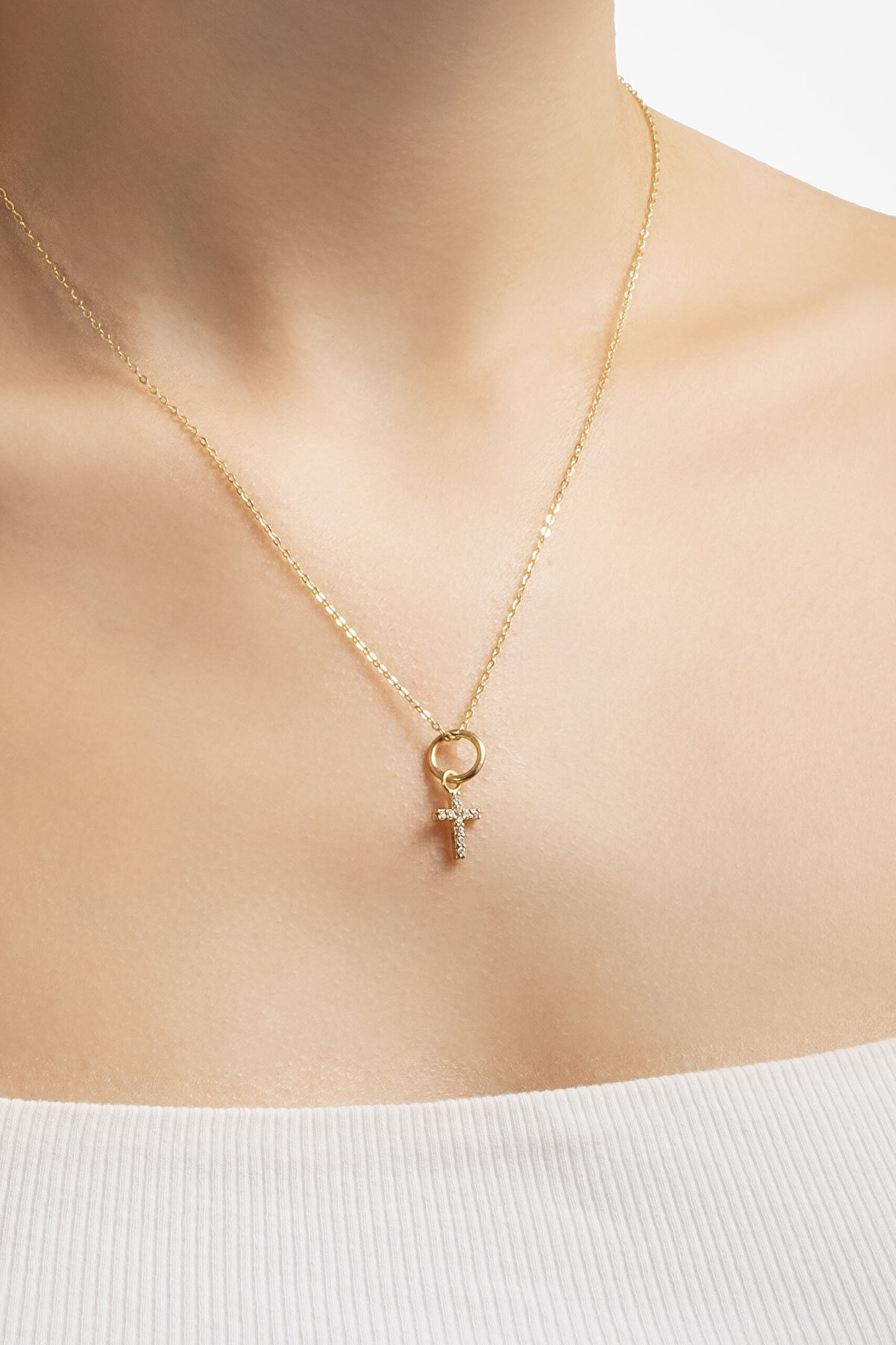 Minimal 18 Ayar Sarı Altın Kaplama 43 Cm Gümüş Cross Kolye - 3