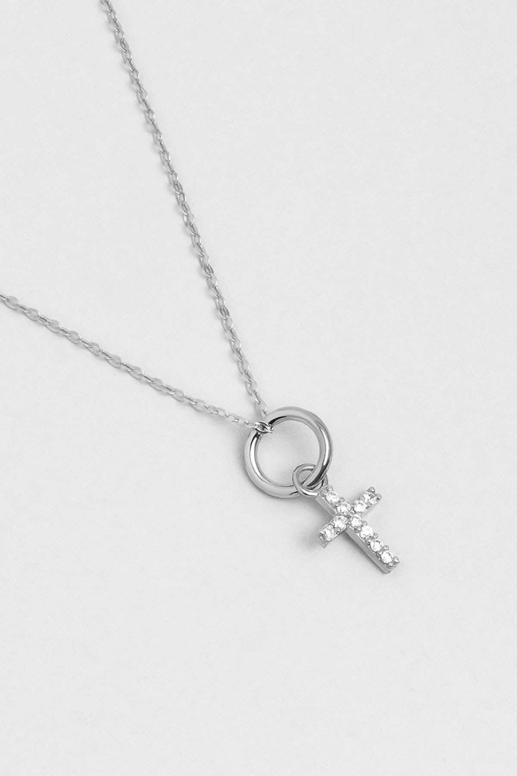 Minimal 18 Ayar Beyaz Altın Kaplama 43 Cm Gümüş Cross Kolye - 1