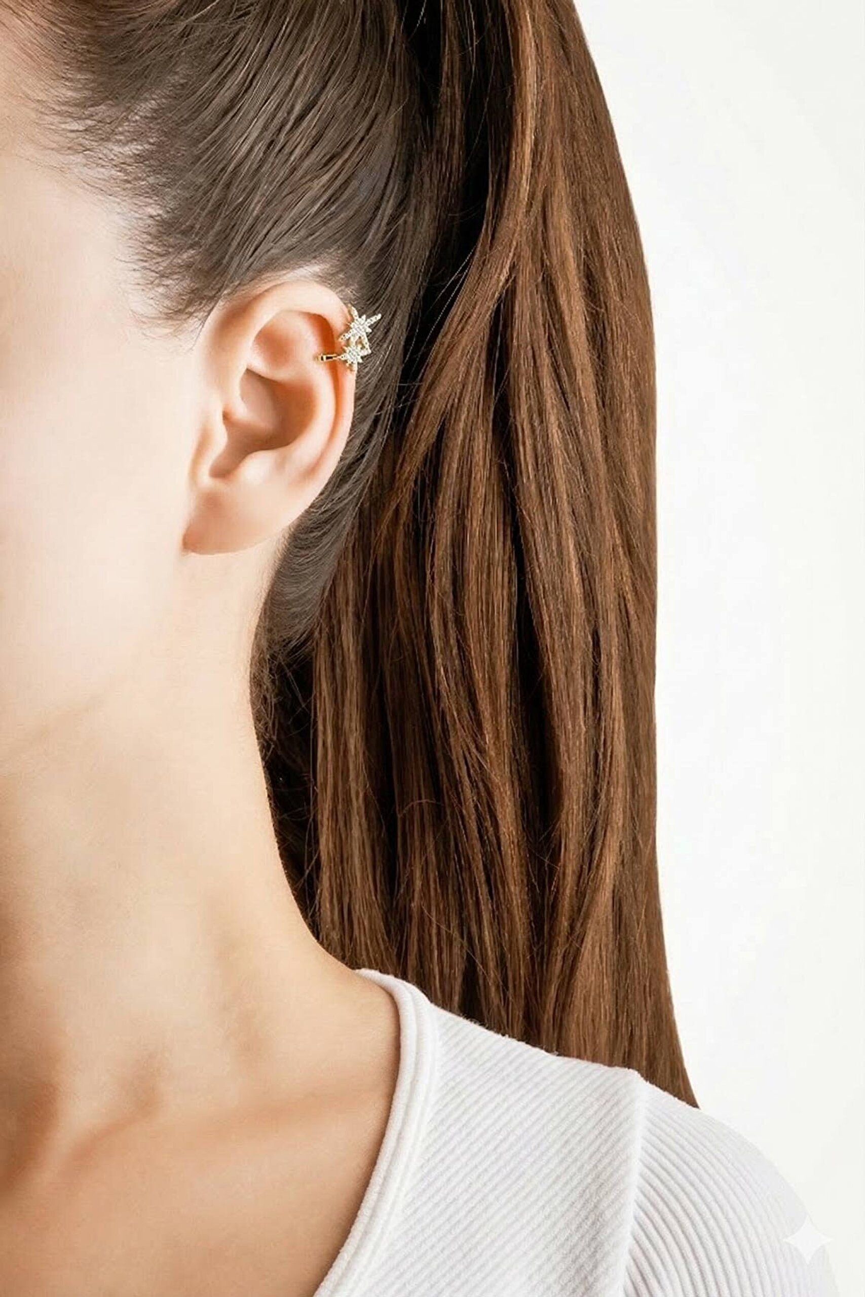 Kuzey Yıldızı 18 Ayar Beyaz Altın Kaplama Gümüş Tek Kıkırdak Küpe - 3