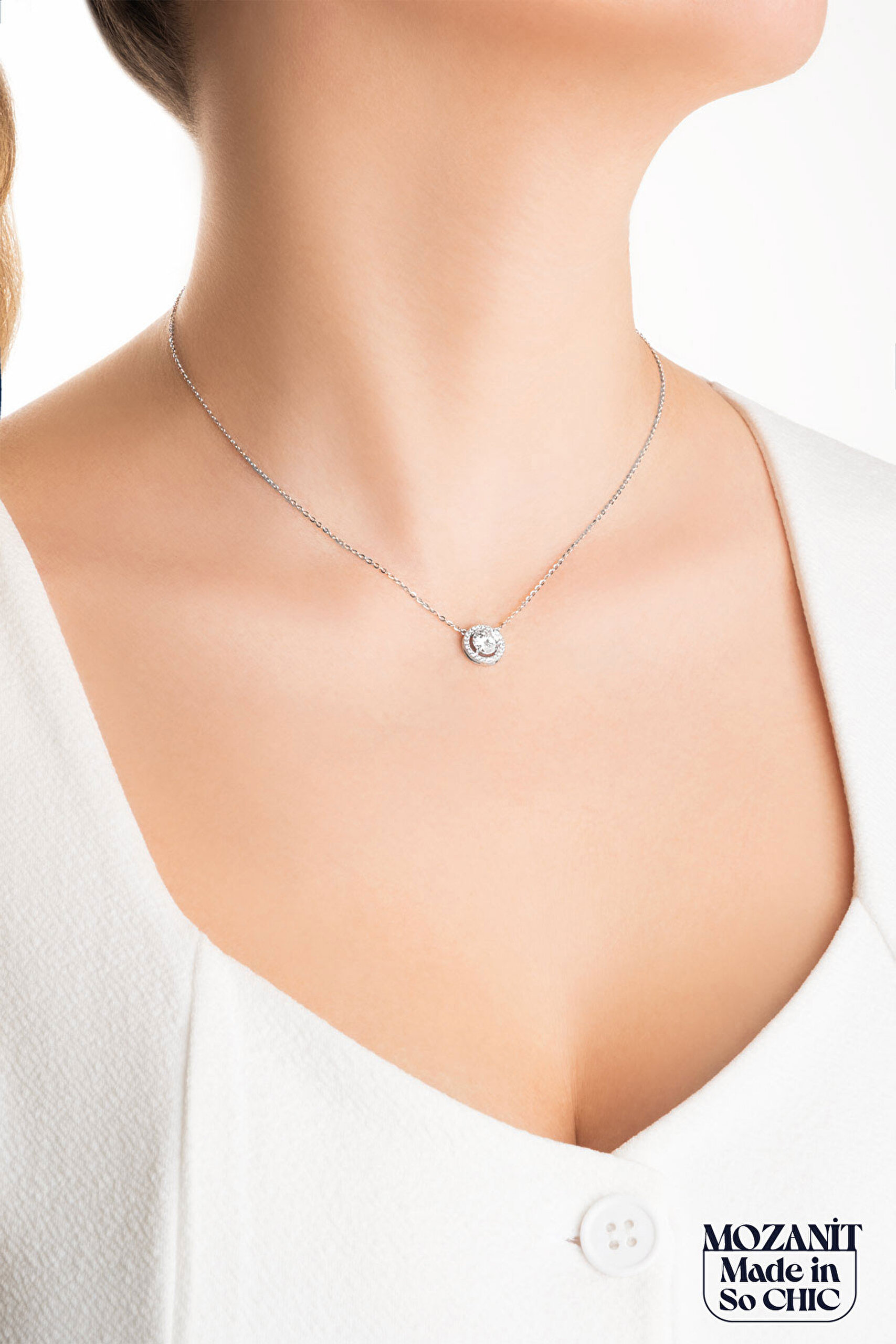 ⁠ Mozanit Taşlı 18 Ayar Beyaz Altın Kaplama 45 Cm Gümüş Kolye_3}