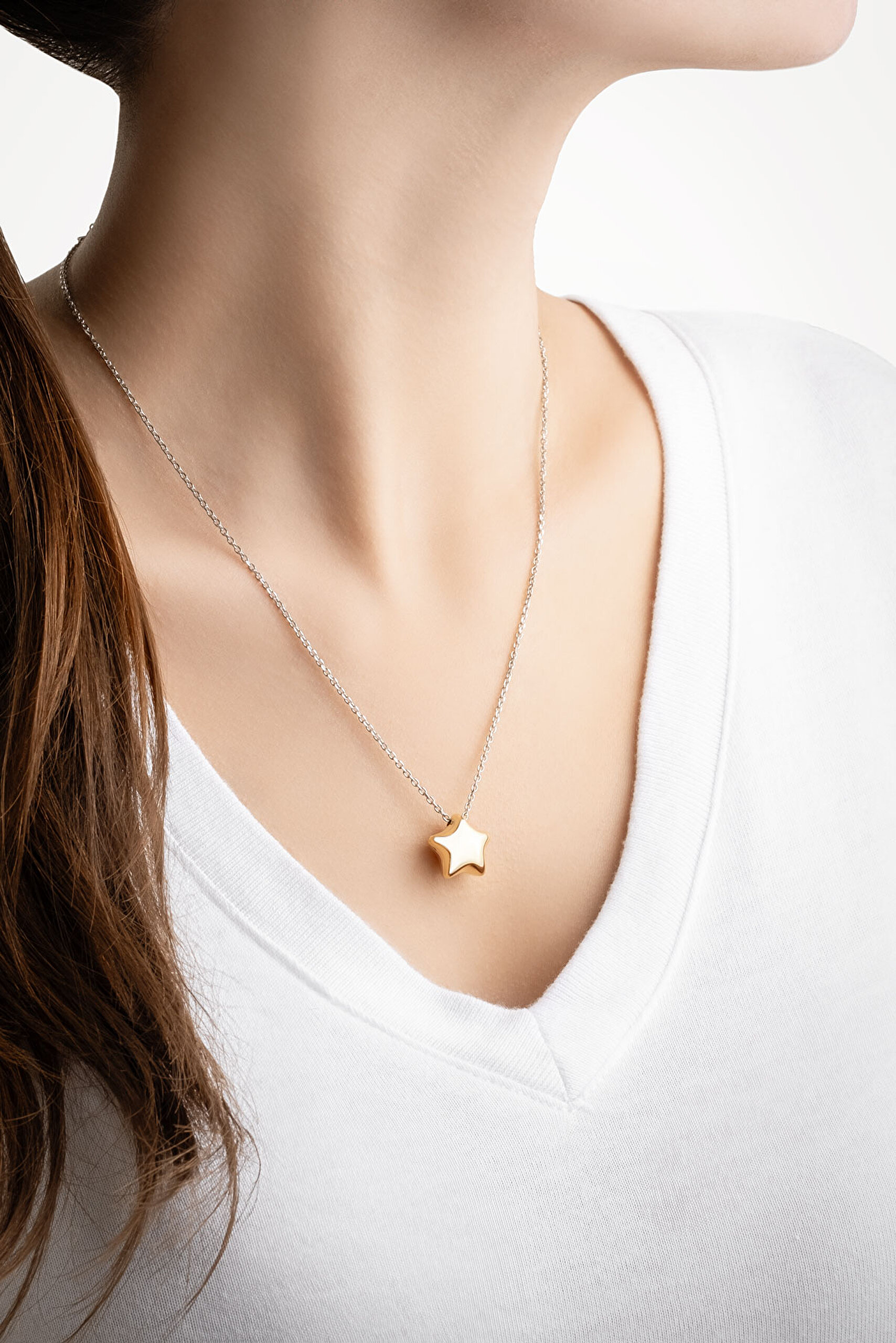 ⁠ Wonderland 18 Ayar Sarı Ve Beyaz Altın Kaplama 45 Cm Gümüş Yıldız Kolye_2}