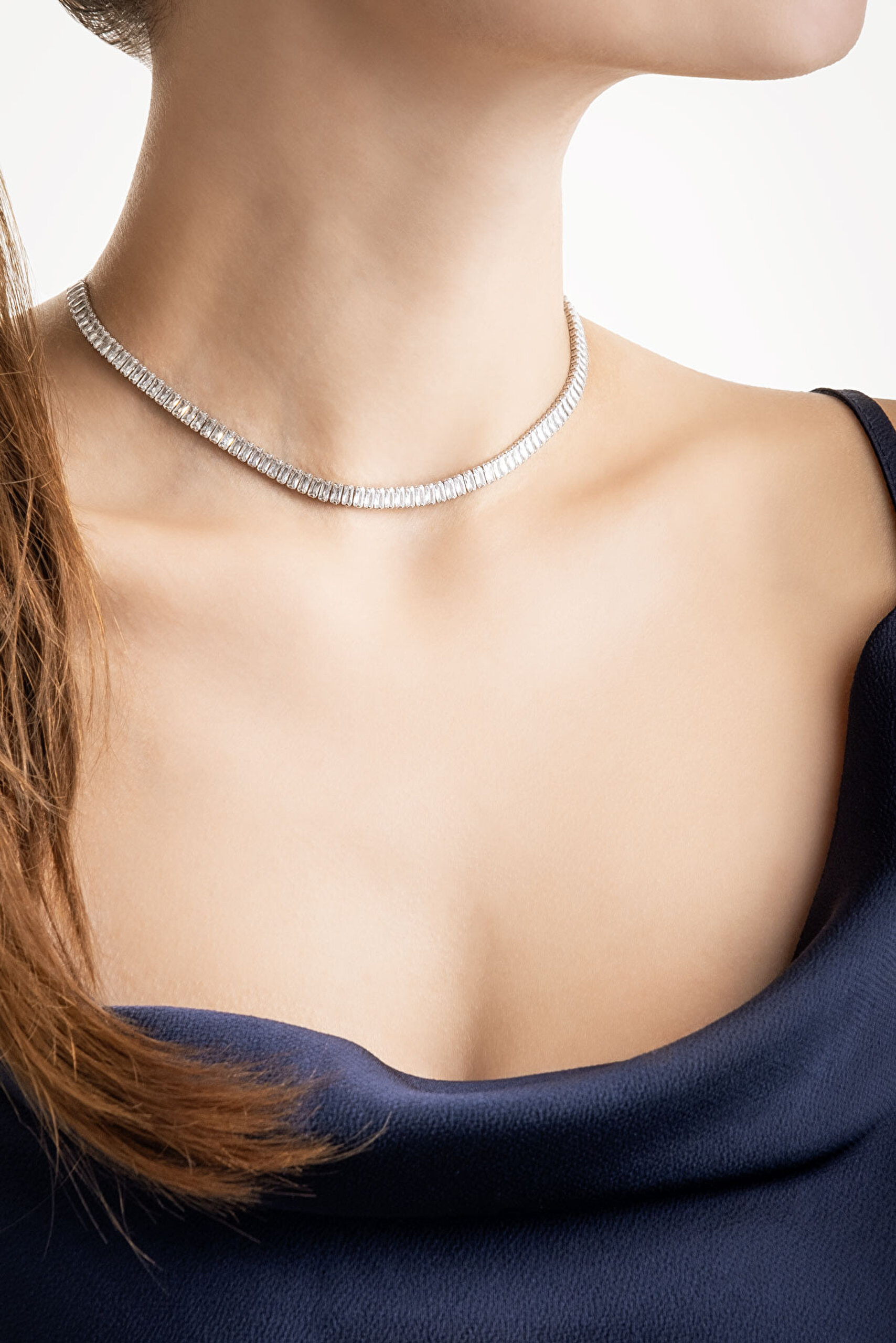 ⁠ Baget Işıltısı 18 Ayar Beyaz Altın Kaplama Ayarlanabilir Gümüş Choker Kolye_2}