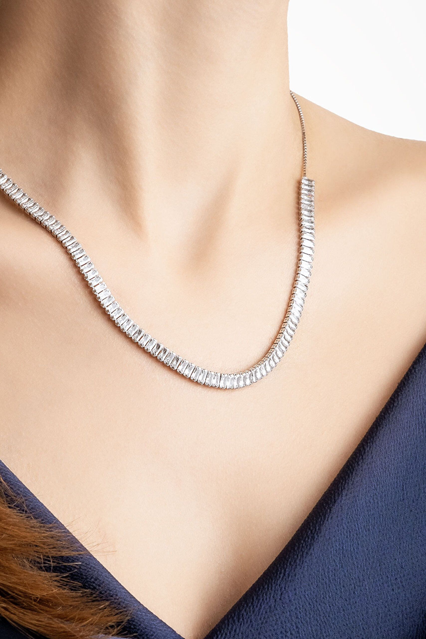 ⁠ Baget Işıltısı 18 Ayar Beyaz Altın Kaplama Ayarlanabilir Gümüş Choker Kolye_5}