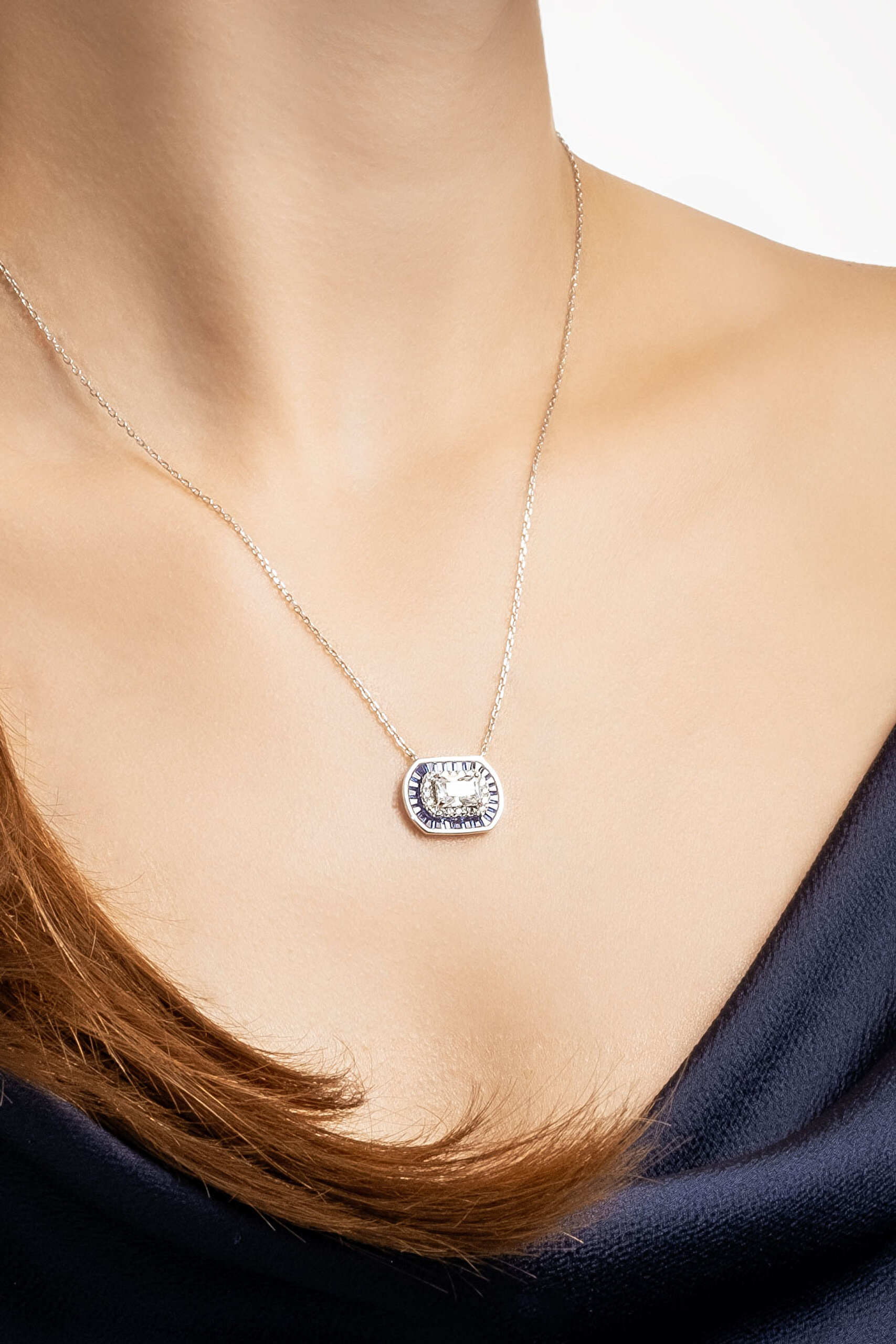 ⁠ Safir Mavisi 18 Ayar Beyaz Altın Kaplama 45 Cm Gümüş Baget Kolye_3}