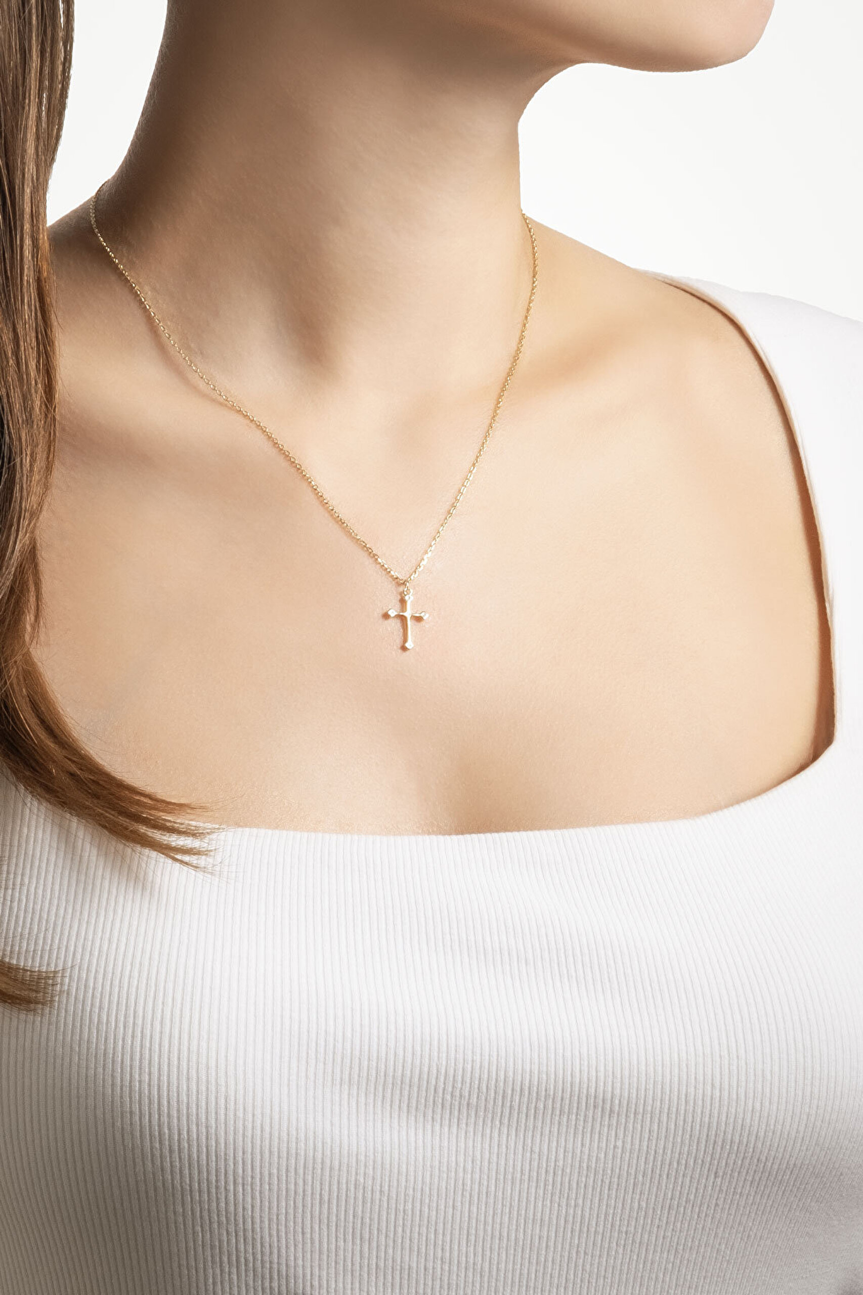 Minimal 18 Ayar Sarı Altın Kaplama 44 Cm Gümüş Cross Kolye - 2