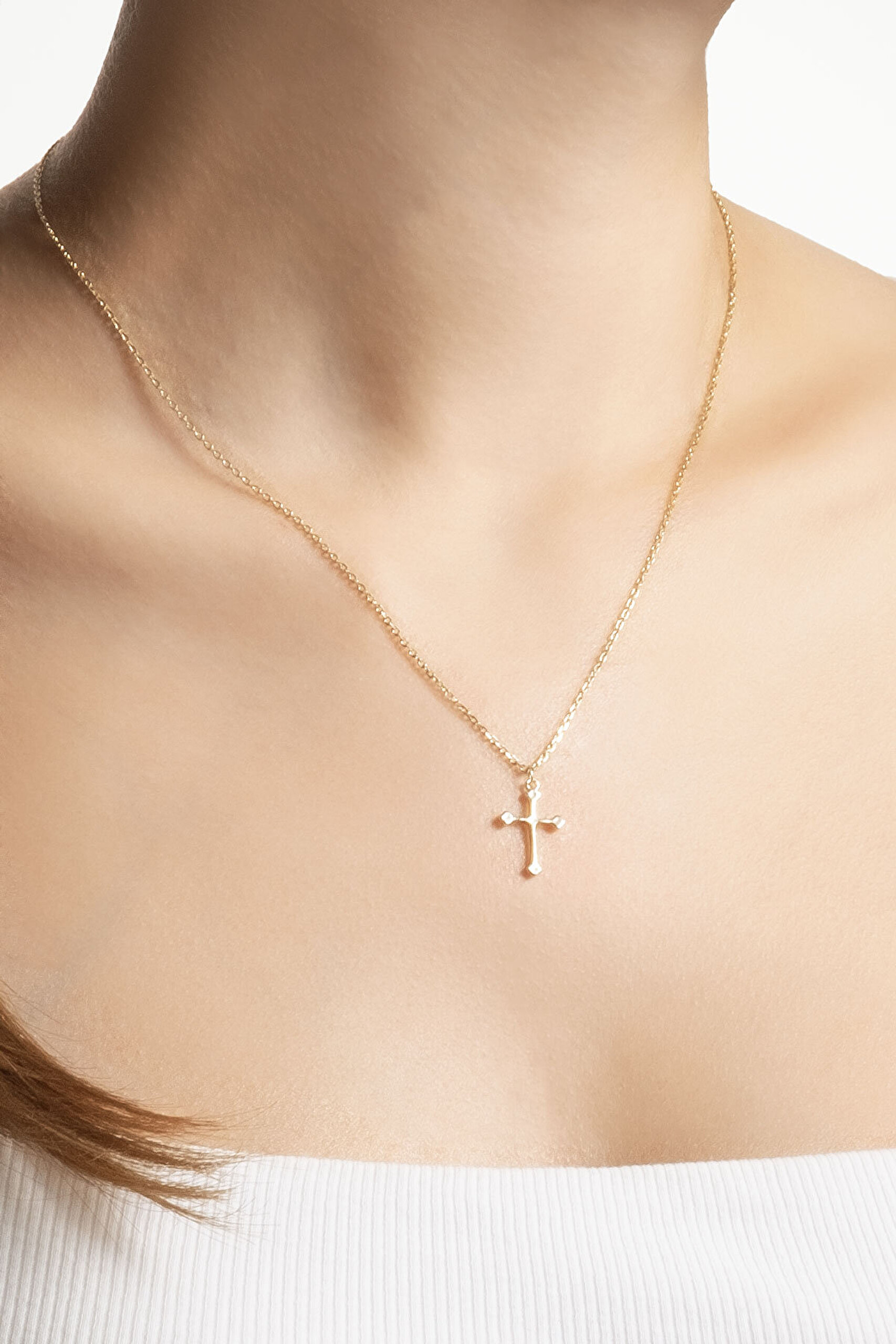 Minimal 18 Ayar Sarı Altın Kaplama 44 Cm Gümüş Cross Kolye - 3