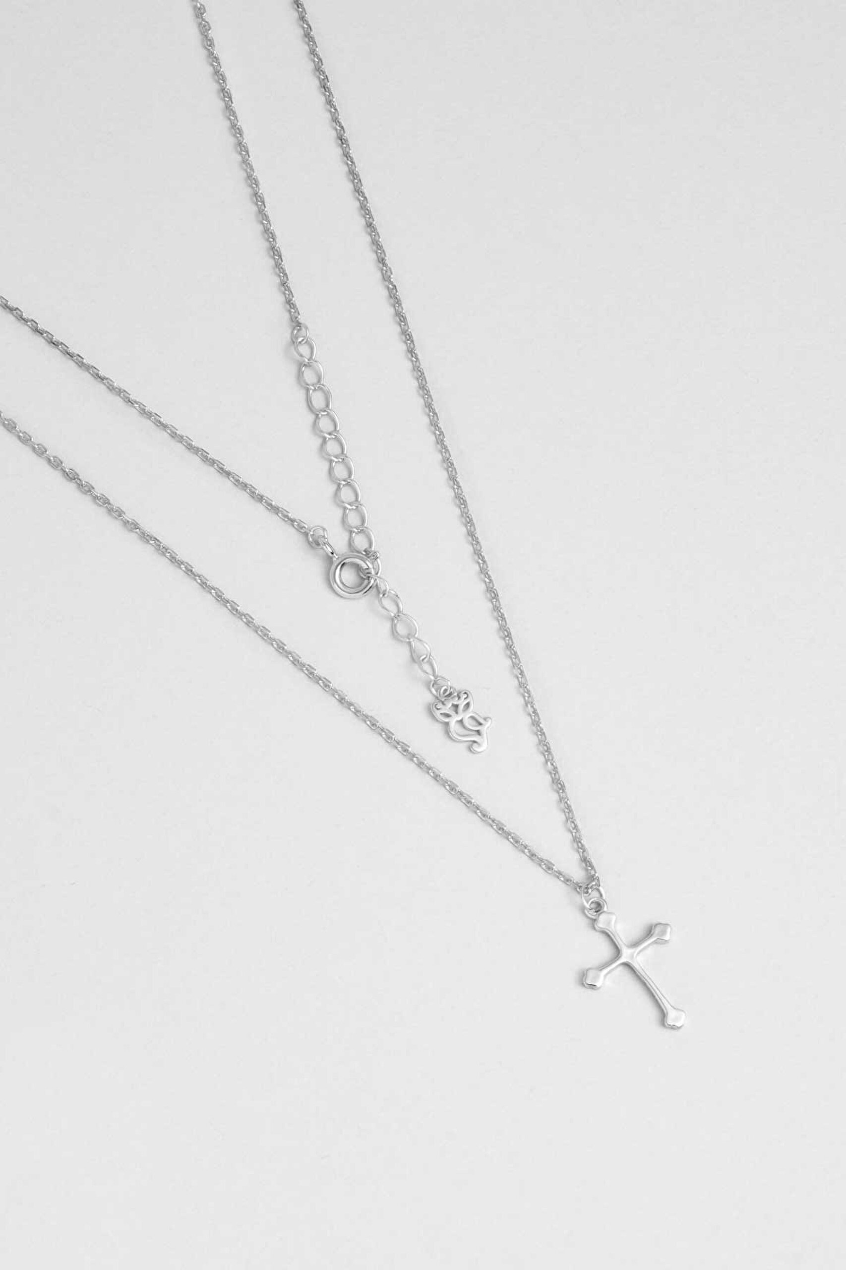 Minimal 18 Ayar Beyaz Altın Kaplama 44 Cm Gümüş Cross Kolye - 0