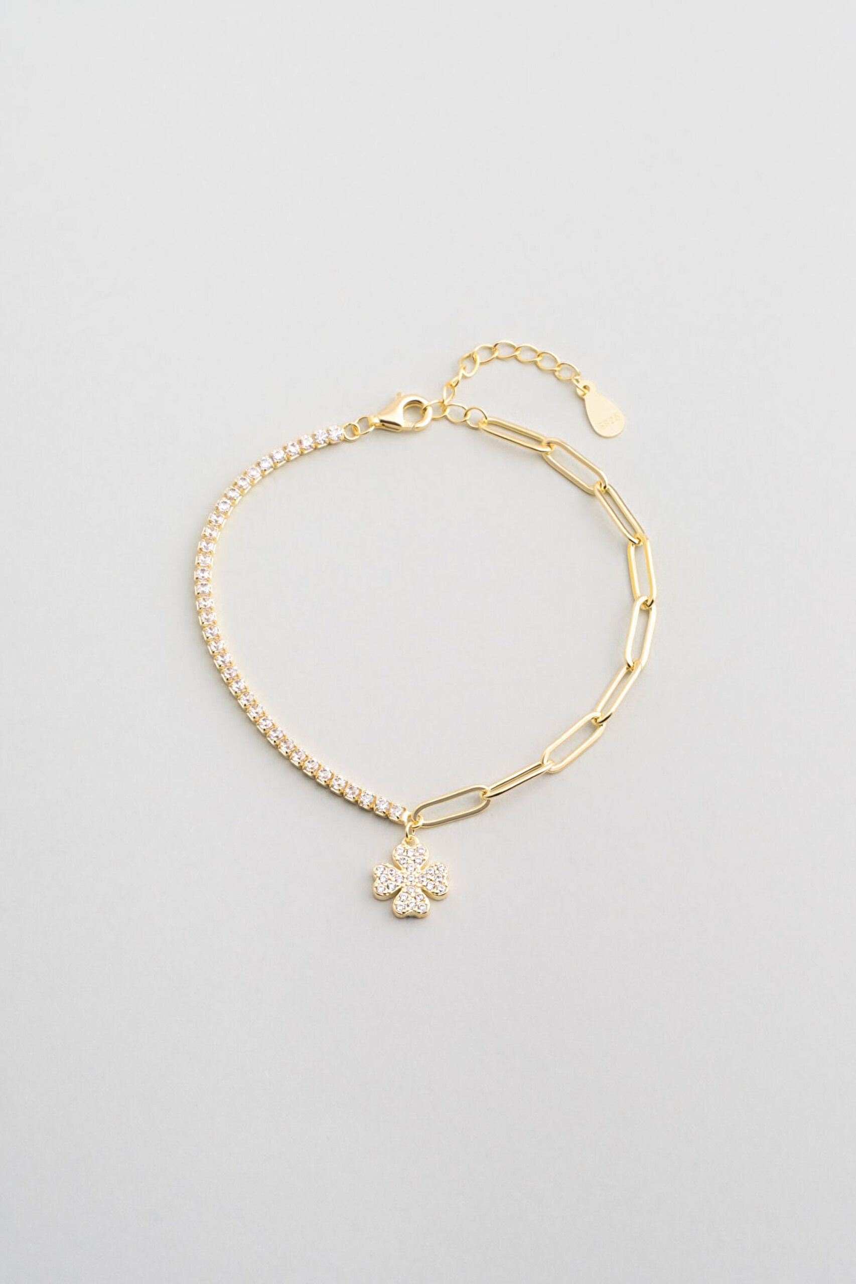 Şans Yonca 18 Ayar Sarı Altın Altın Kaplama 19 Cm Gümüş Su Yolu Bileklik - 0