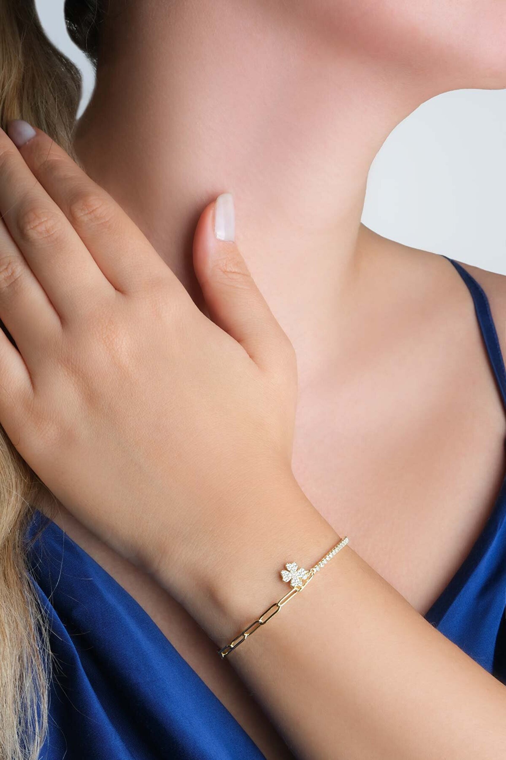 Şans Yonca 18 Ayar Sarı Altın Altın Kaplama 19 Cm Gümüş Su Yolu Bileklik - 2