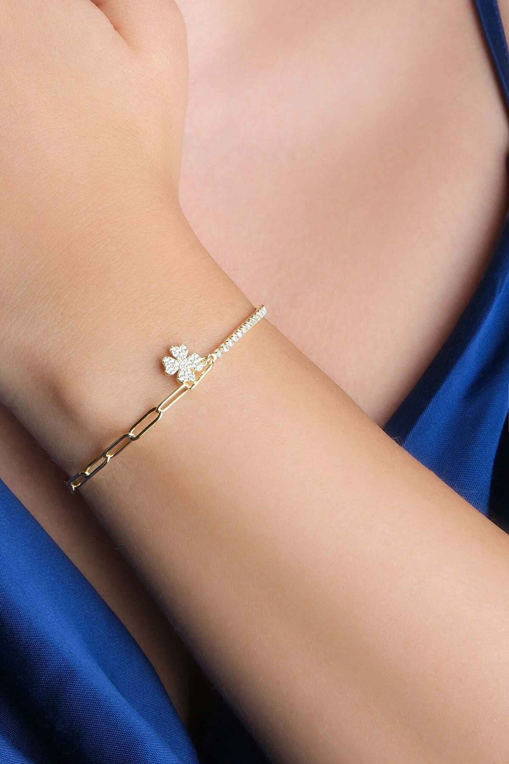 Şans Yonca 18 Ayar Sarı Altın Altın Kaplama 19 Cm Gümüş Su Yolu Bileklik - 3