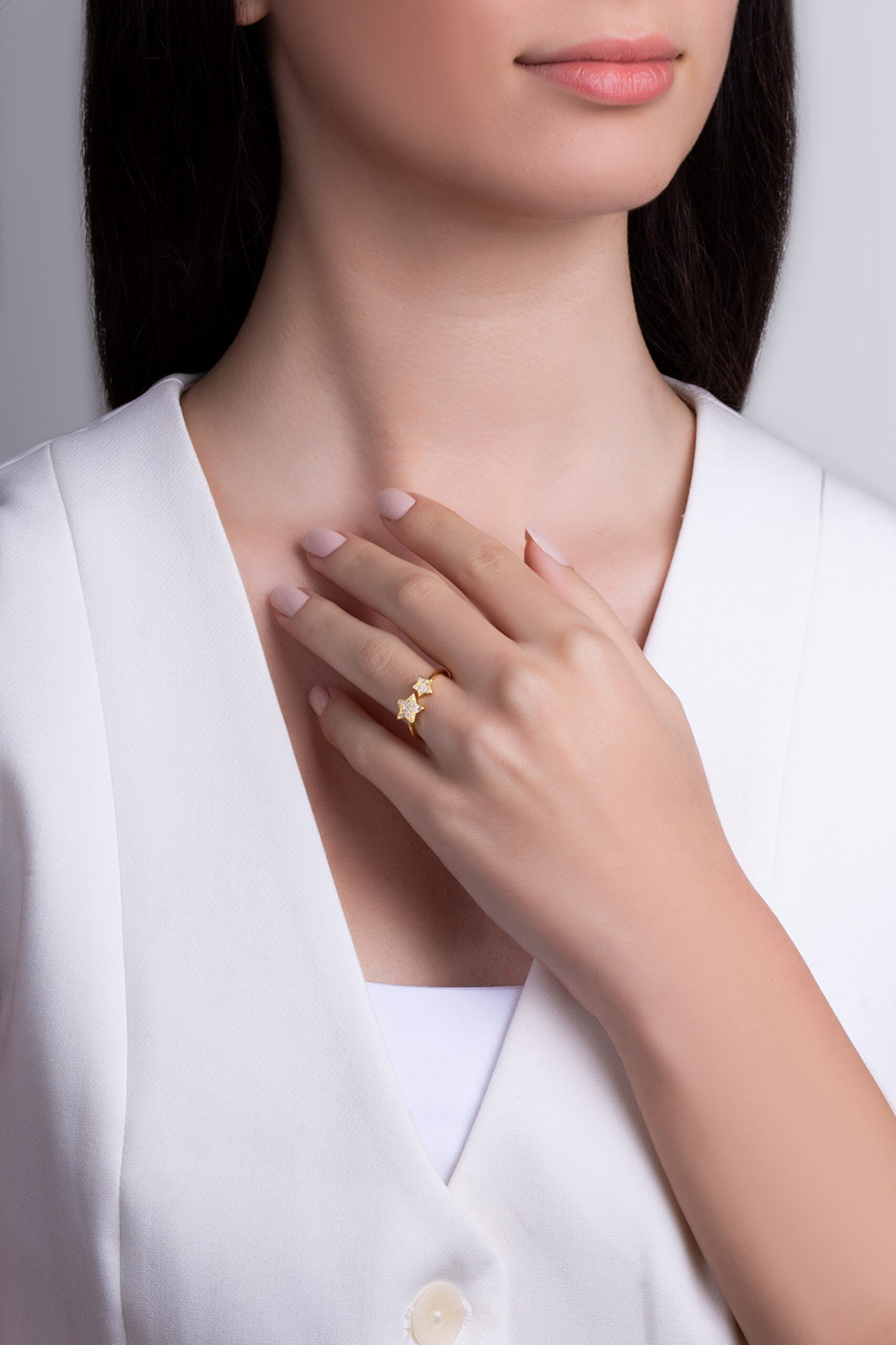 ⁠ Akşam Yıldızı 18 Ayar Sarı Altın Kaplama Gümüş Ayarlanabilir Yüzük_3}