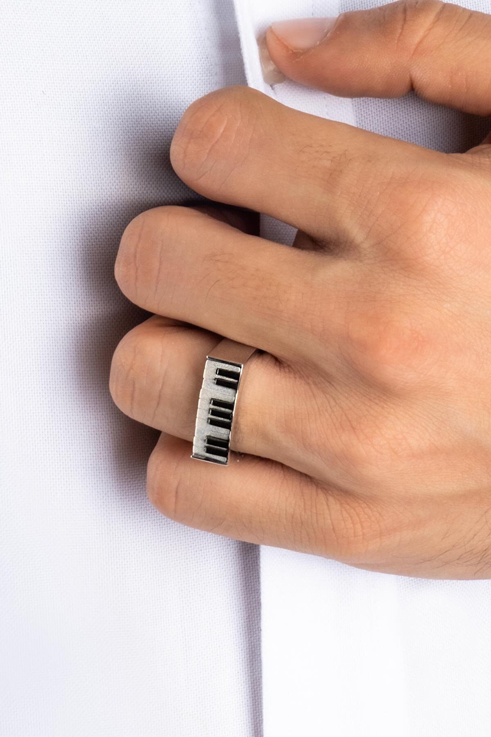 Piyano 18 Ayar Beyaz Altın Kaplama Unisex Gümüş Yüzük - 1