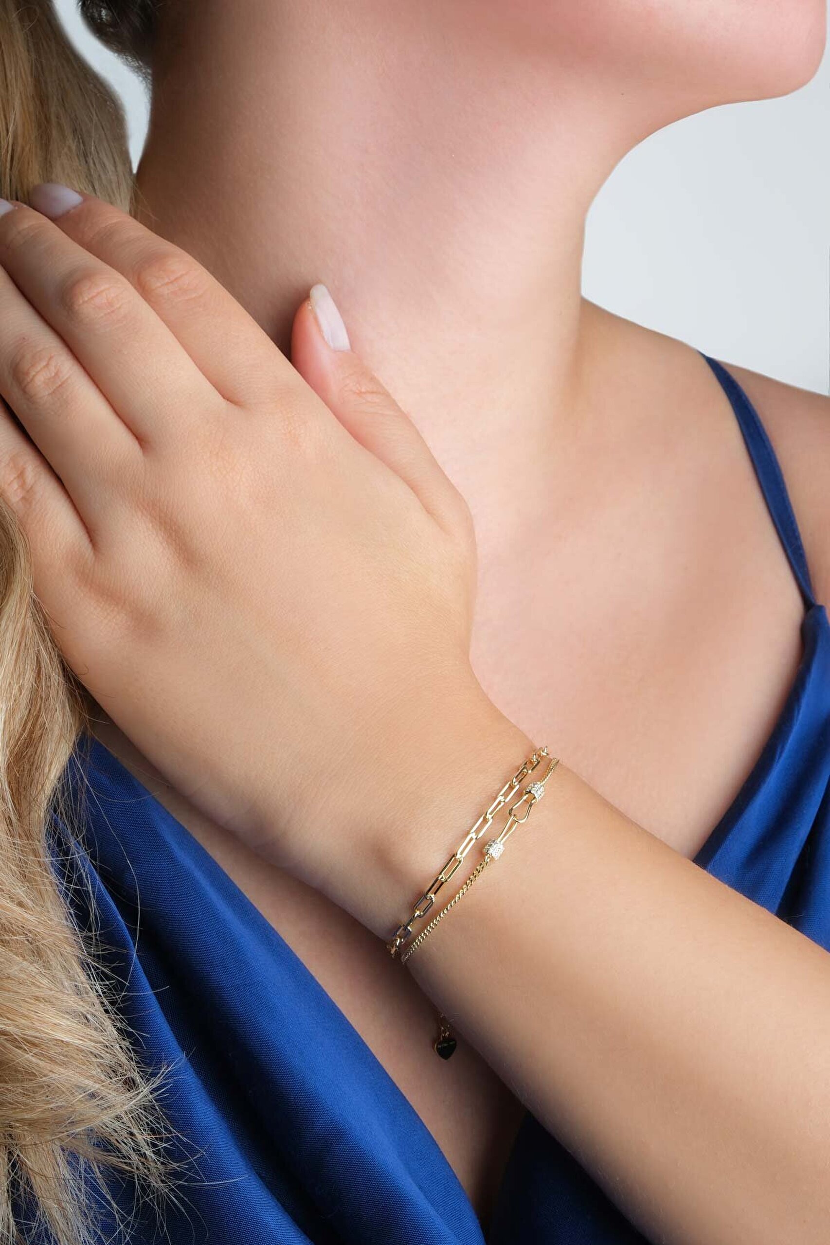 Minimal 18 Ayar Sarı Altın Kaplama 19 Cm Gümüş İkili Bileklik - 2