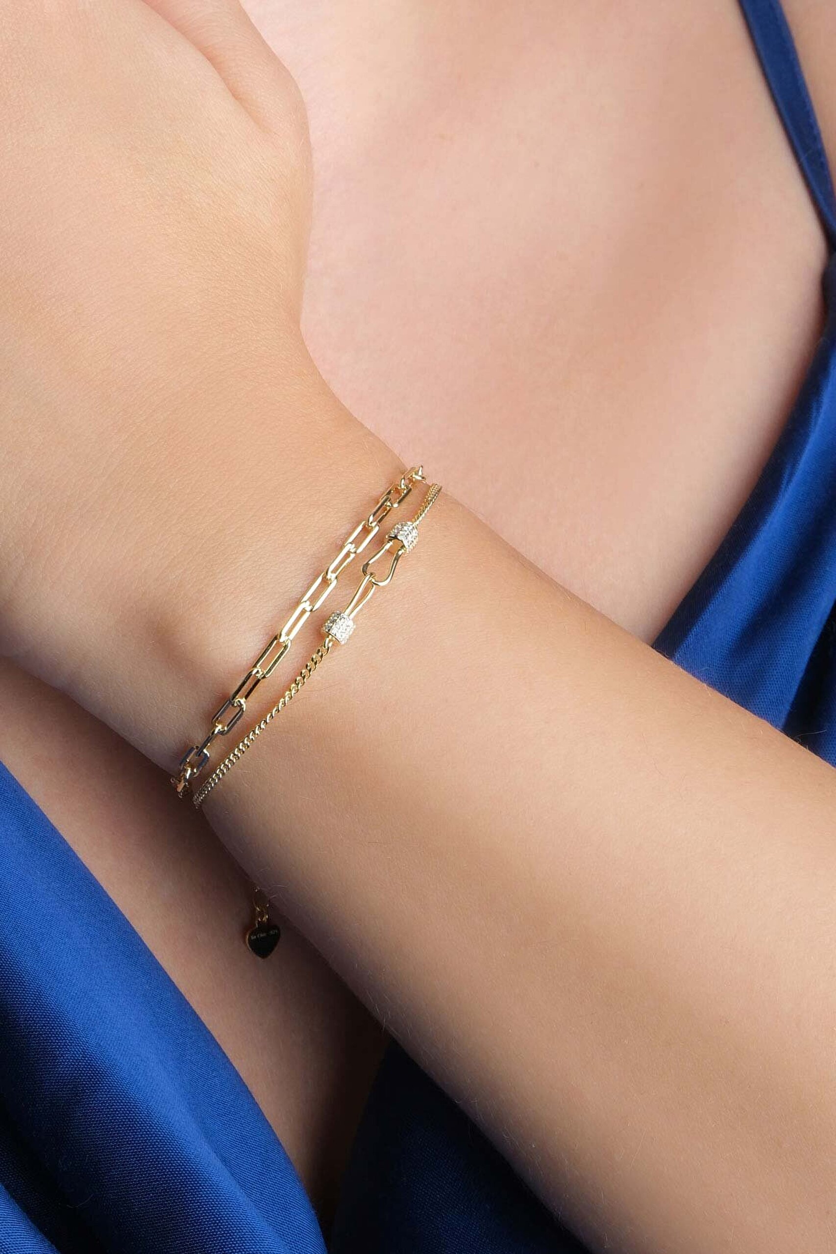 Minimal 18 Ayar Sarı Altın Kaplama 19 Cm Gümüş İkili Bileklik - 3