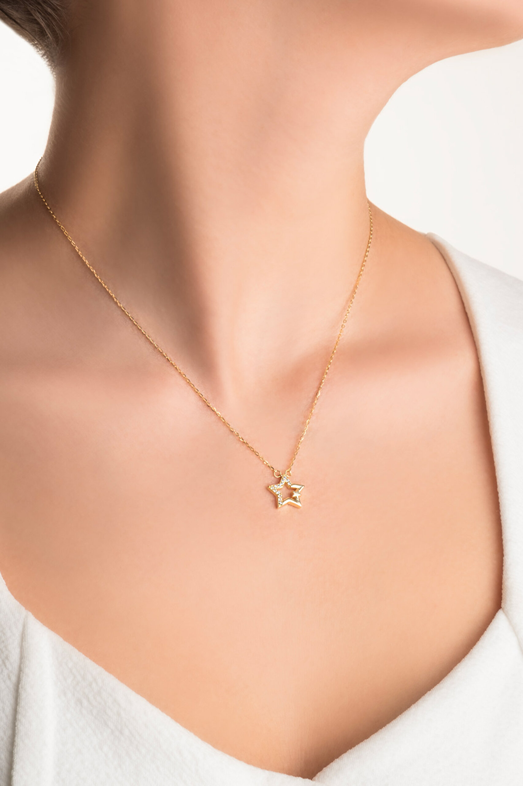 ⁠ Yıldız İzleri 18 Ayar Sarı Altın Kaplama 44 Cm Gümüş Kolye_1}