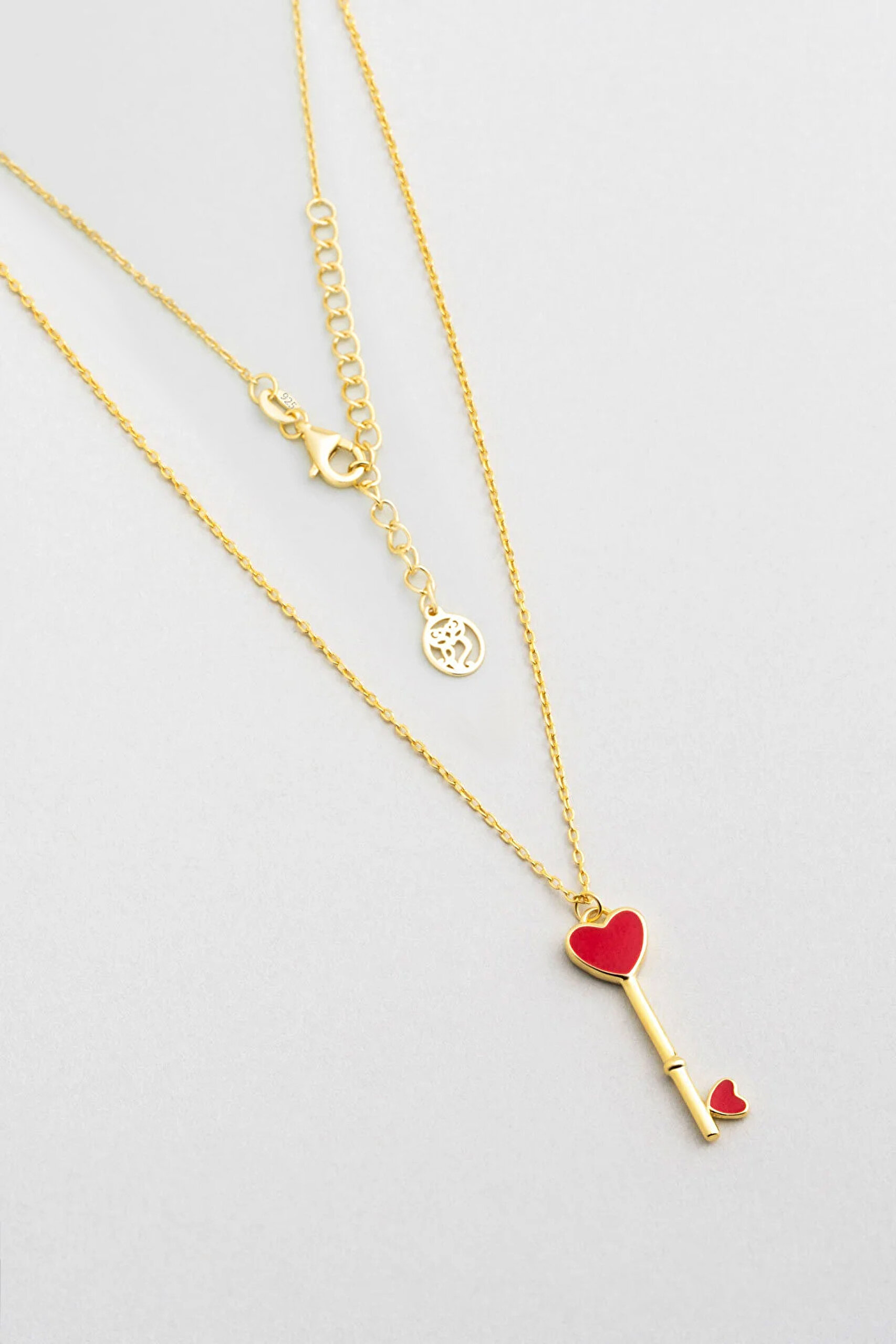⁠ Kalp Anahtarı 18 Ayar Sarı Altın Kaplama 45 Cm Gümüş Kolye_0}