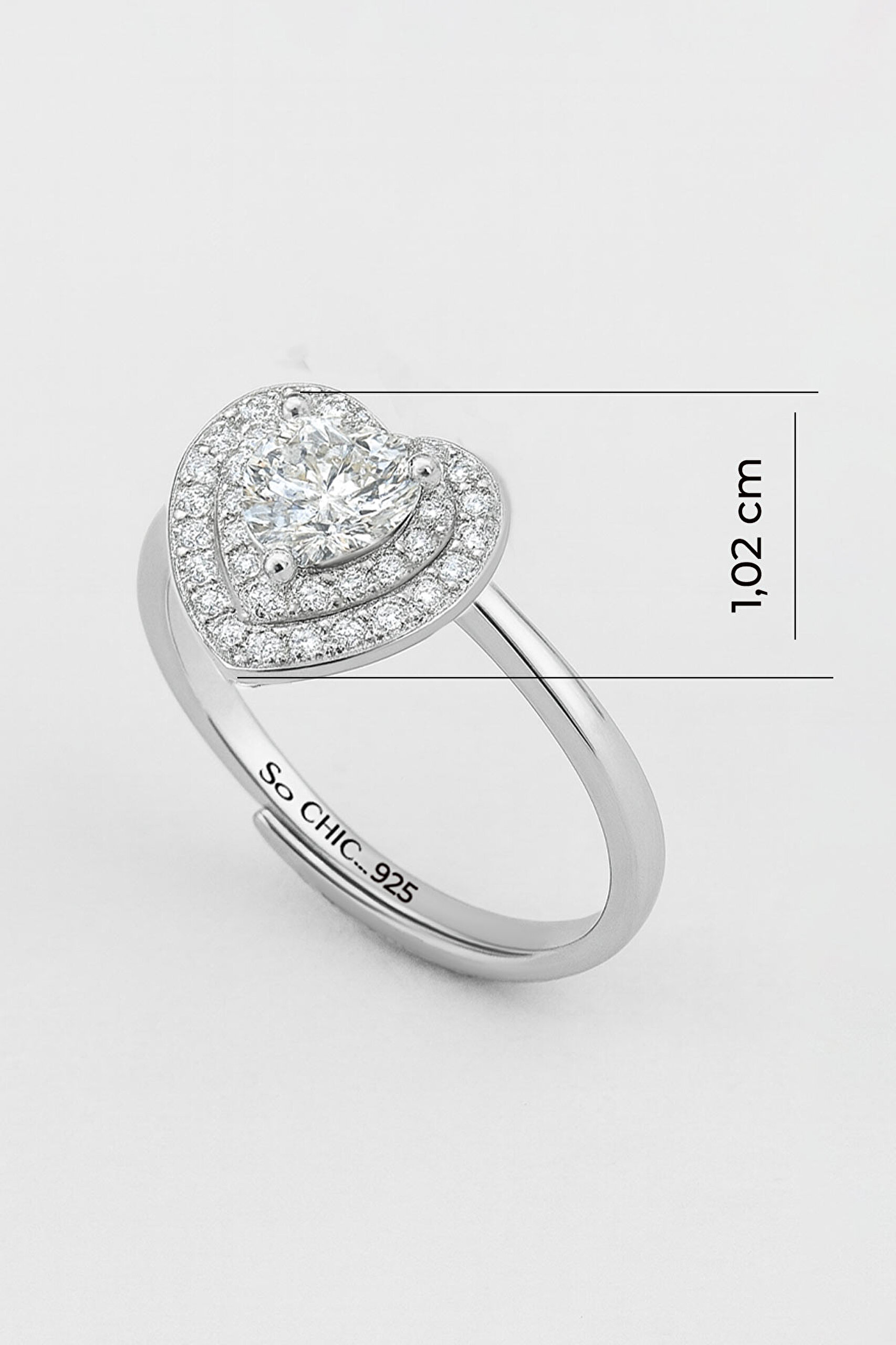 ⁠ Mozanit Kalbi 18 Ayar Beyaz Altın Kaplama Gümüş Ayarlanabilir Yüzük_2}