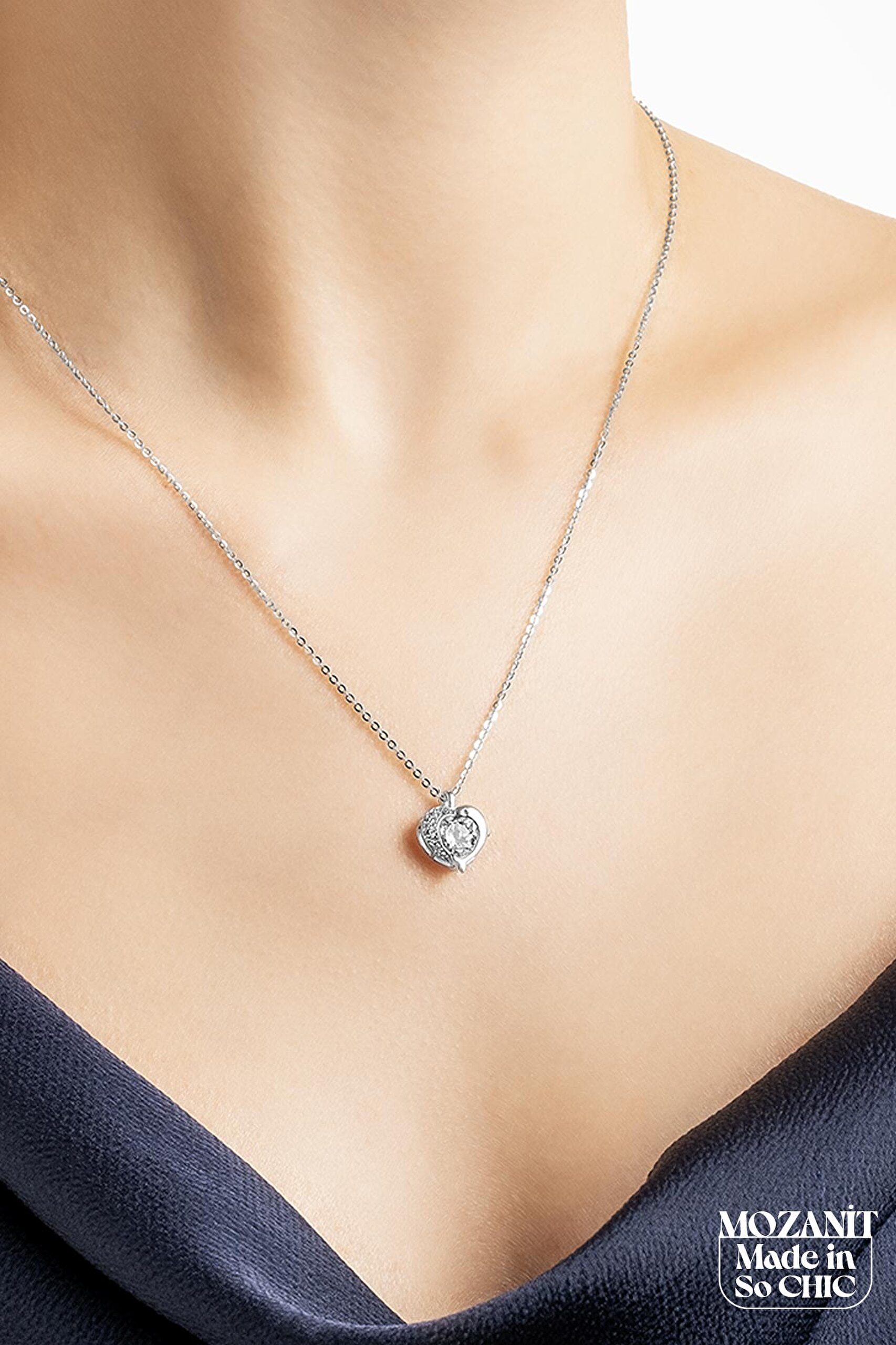 ⁠ Mozanit Dokunuş 18 Ayar Beyaz Altın Kaplama 45 Cm Gümüş Kalp Kolye_5}