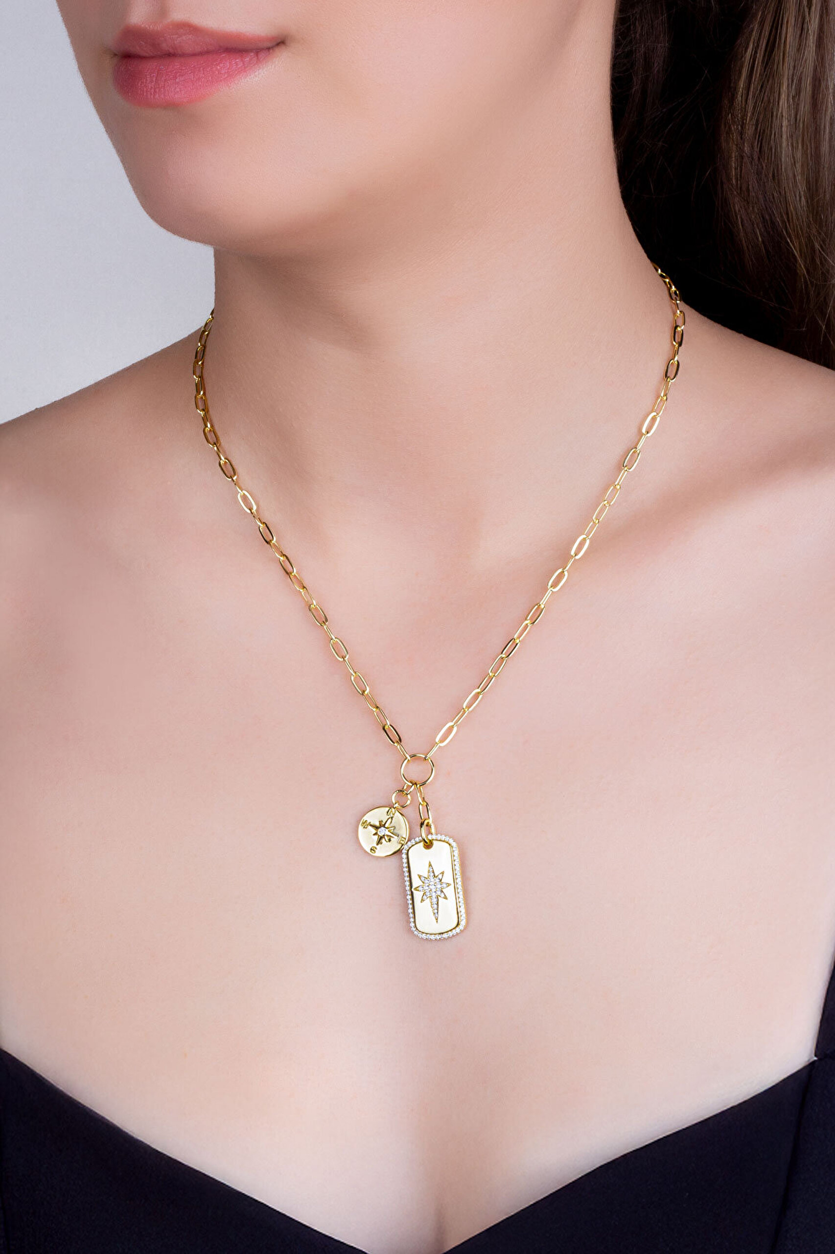 Kutup Yıldızı 18 Ayar Sarı Altın Kaplama 48 Cm Gümüş Charm Kolye - 1